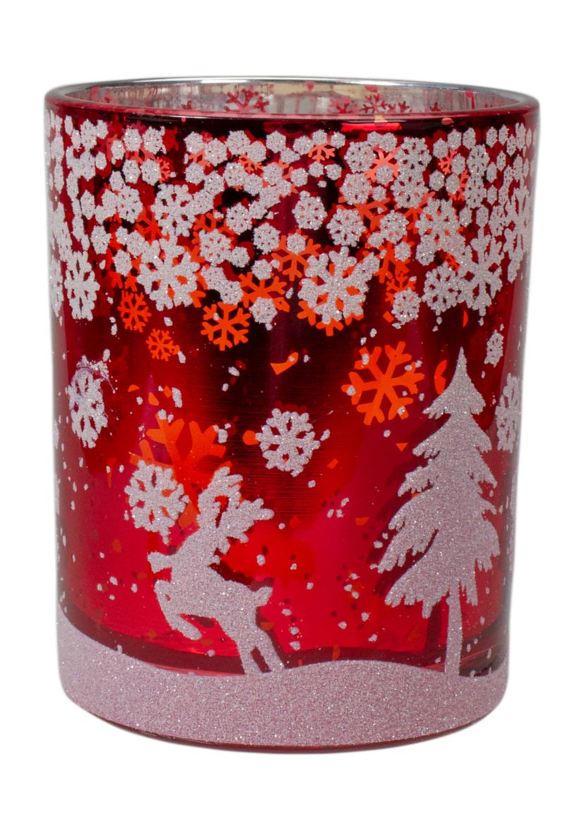 5Inch Red and Shiny Silver Deer in Winter Woods Flameless Candle Holder