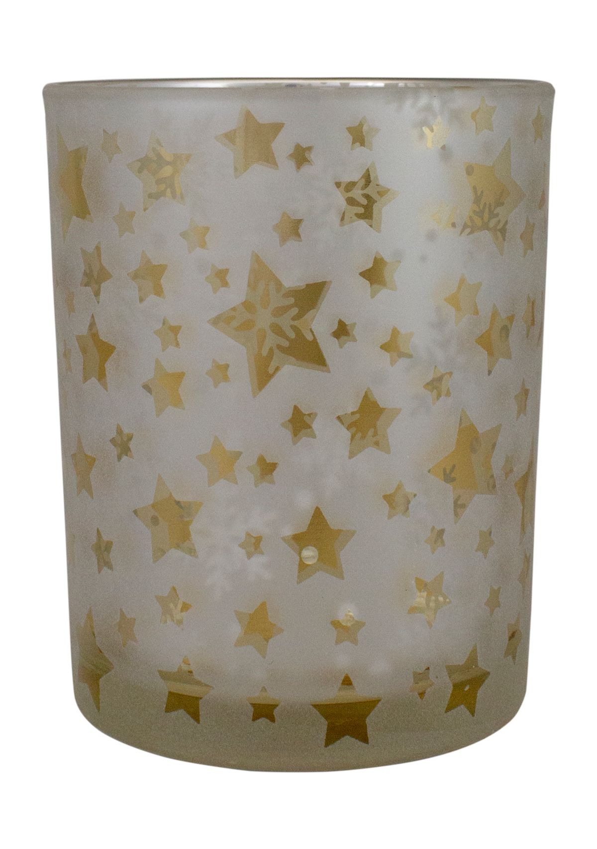 5Inch Matte Silver and Gold Stars and Snowflakes Flameless Glass Candle Holder