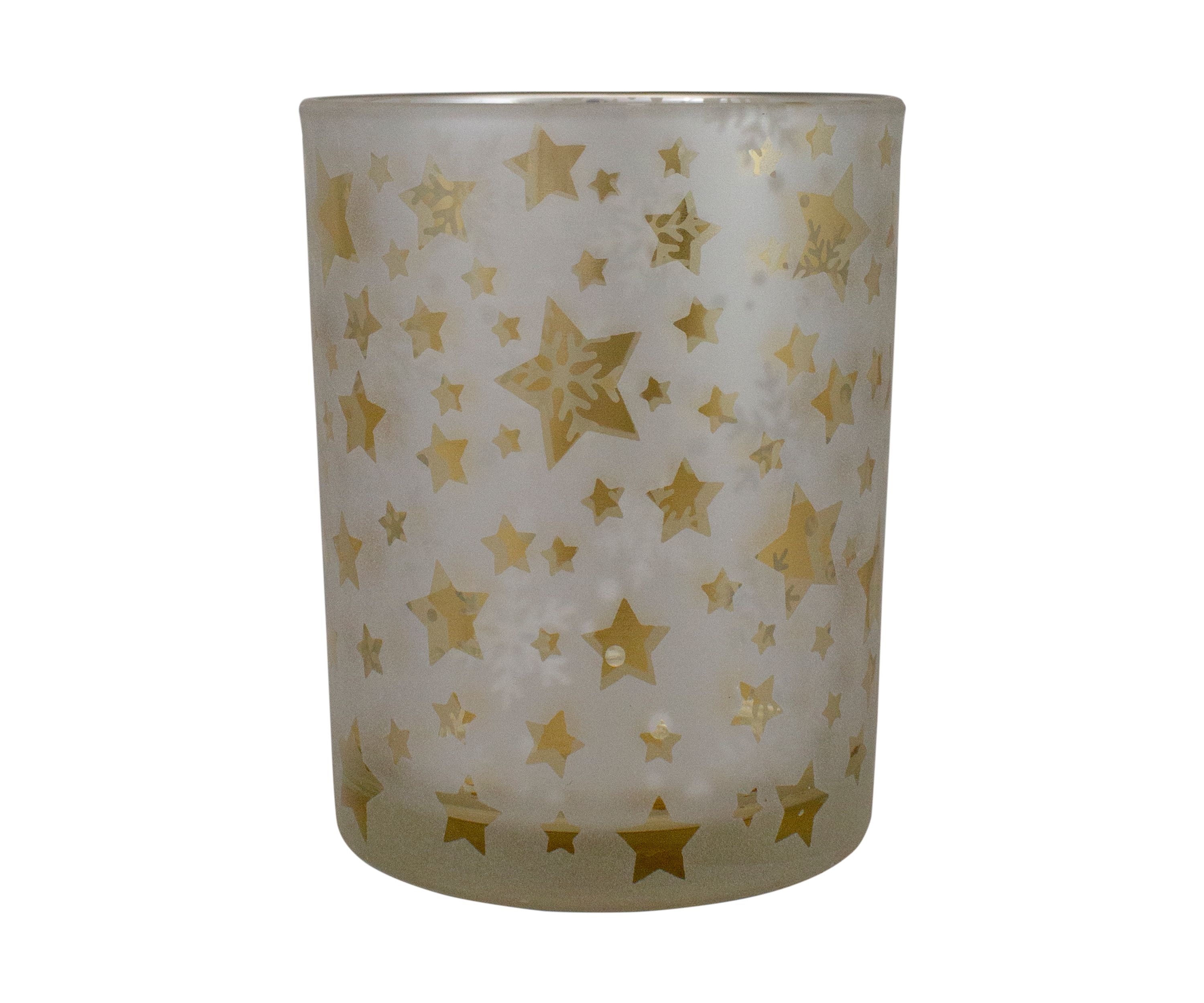 5Inch Matte Silver and Gold Stars and Snowflakes Flameless Glass Candle Holder