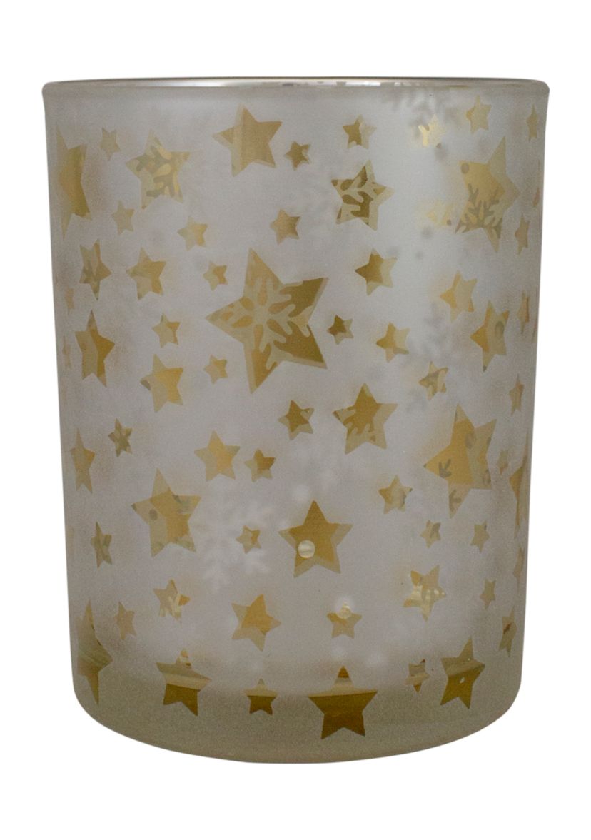 5Inch Matte Silver and Gold Stars and Snowflakes Flameless Glass Candle Holder