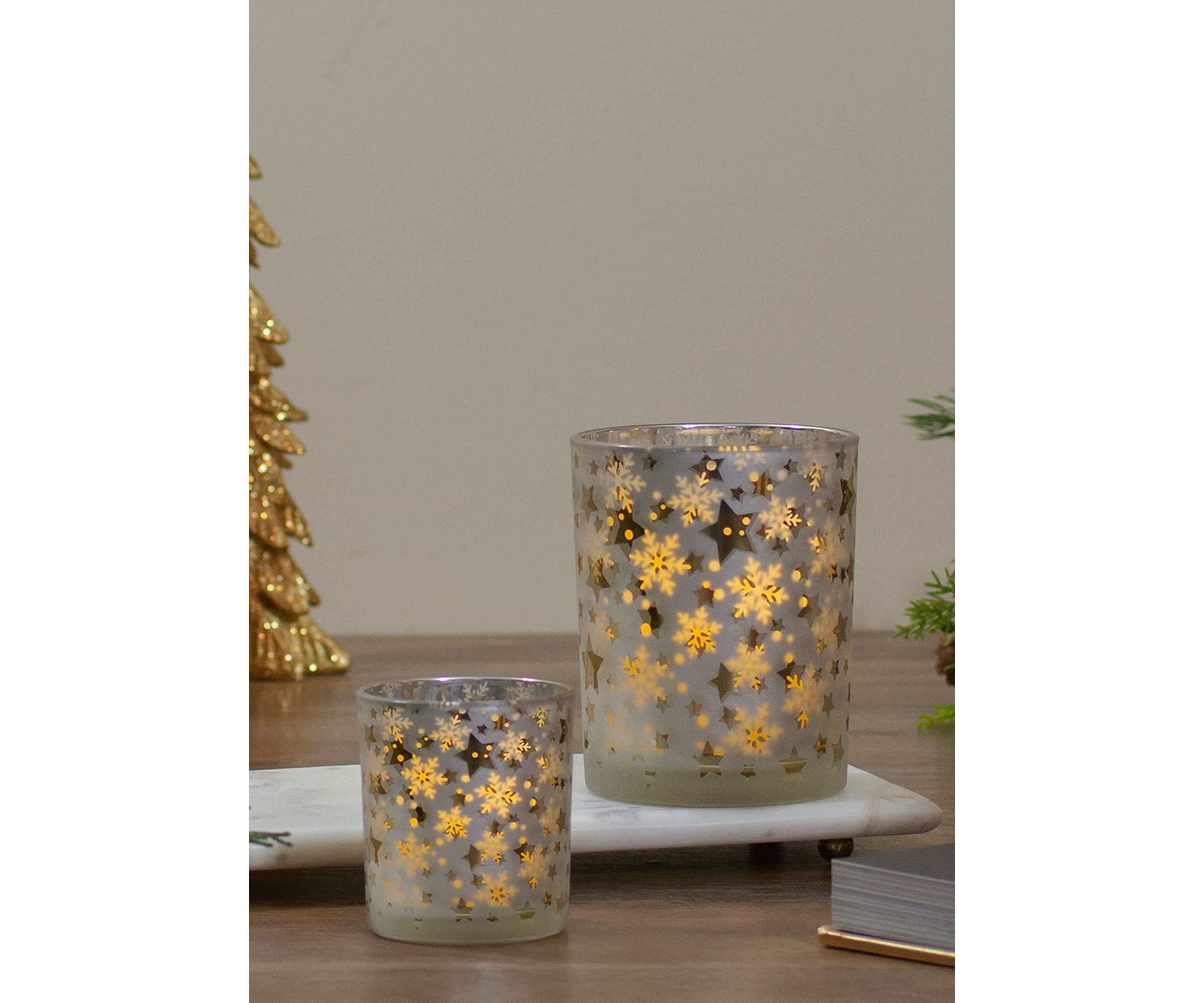 5Inch Matte Silver and Gold Stars and Snowflakes Flameless Glass Candle Holder