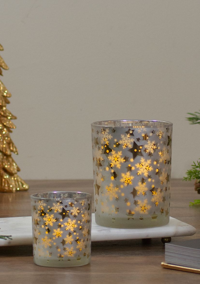 5Inch Matte Silver and Gold Stars and Snowflakes Flameless Glass Candle Holder