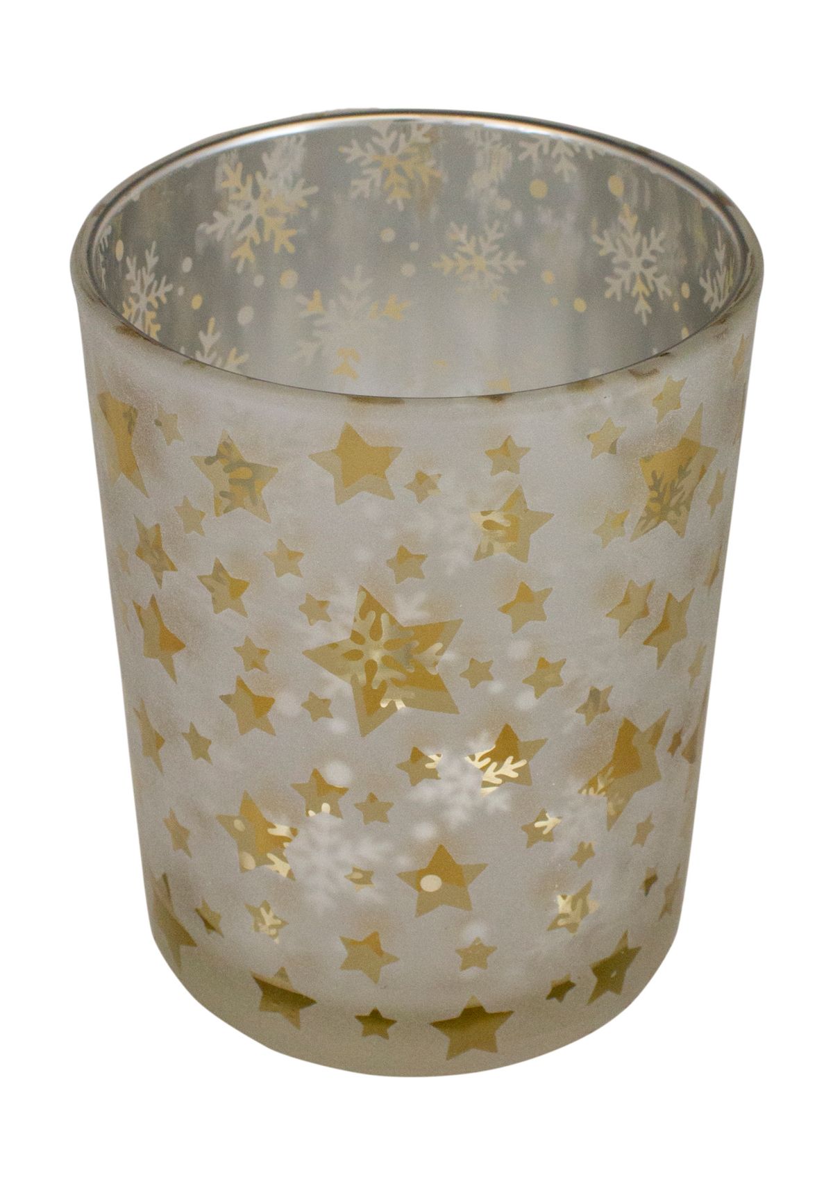 5Inch Matte Silver and Gold Stars and Snowflakes Flameless Glass Candle Holder