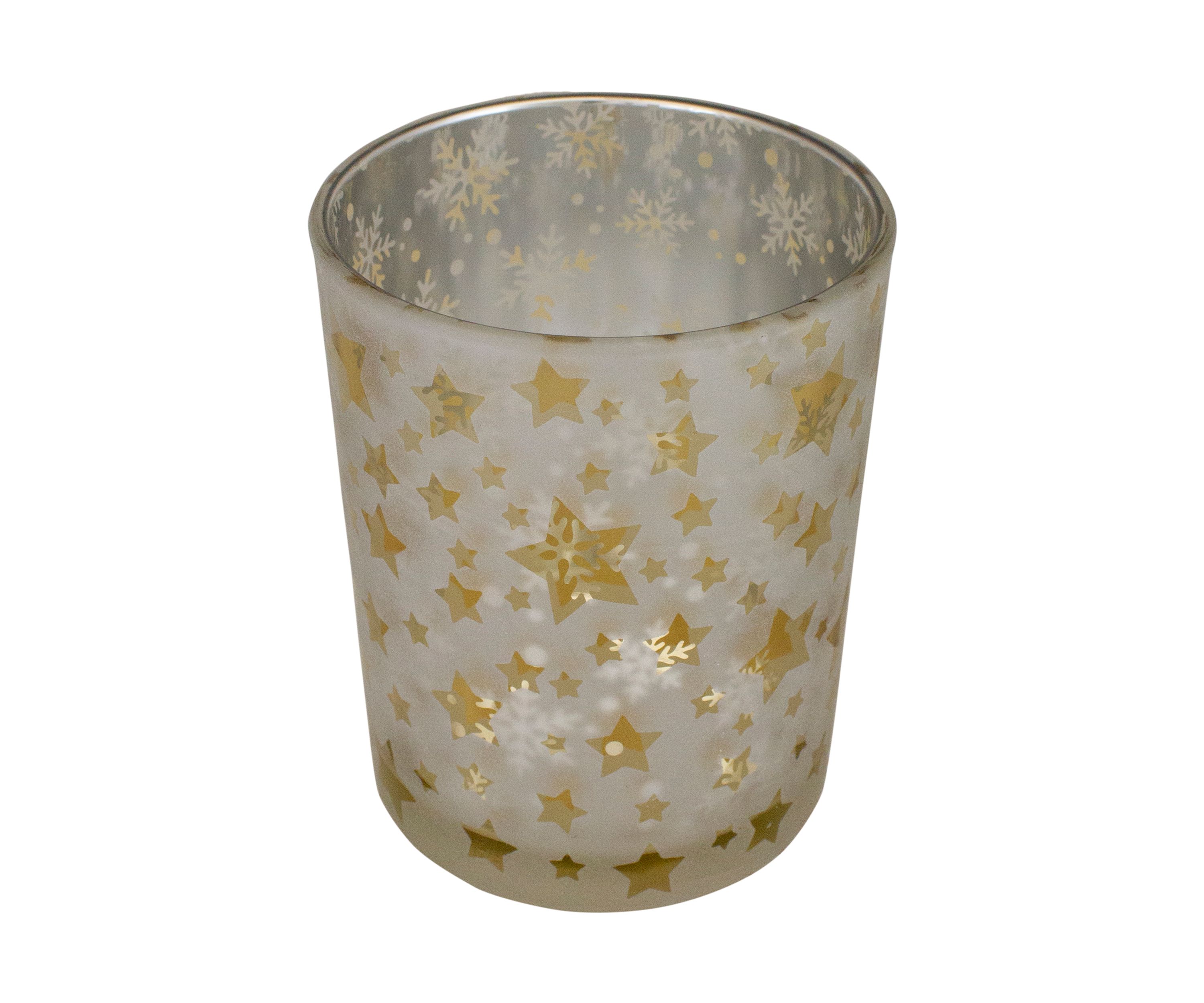 5Inch Matte Silver and Gold Stars and Snowflakes Flameless Glass Candle Holder