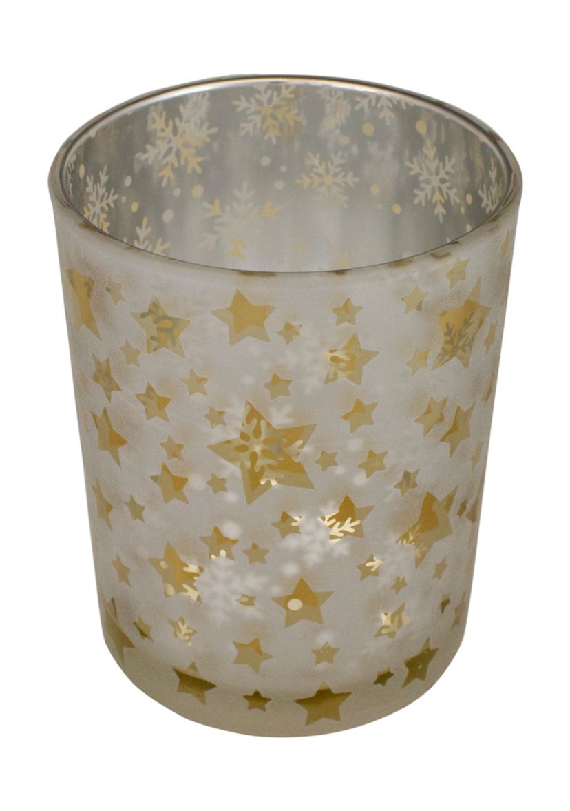 5Inch Matte Silver and Gold Stars and Snowflakes Flameless Glass Candle Holder