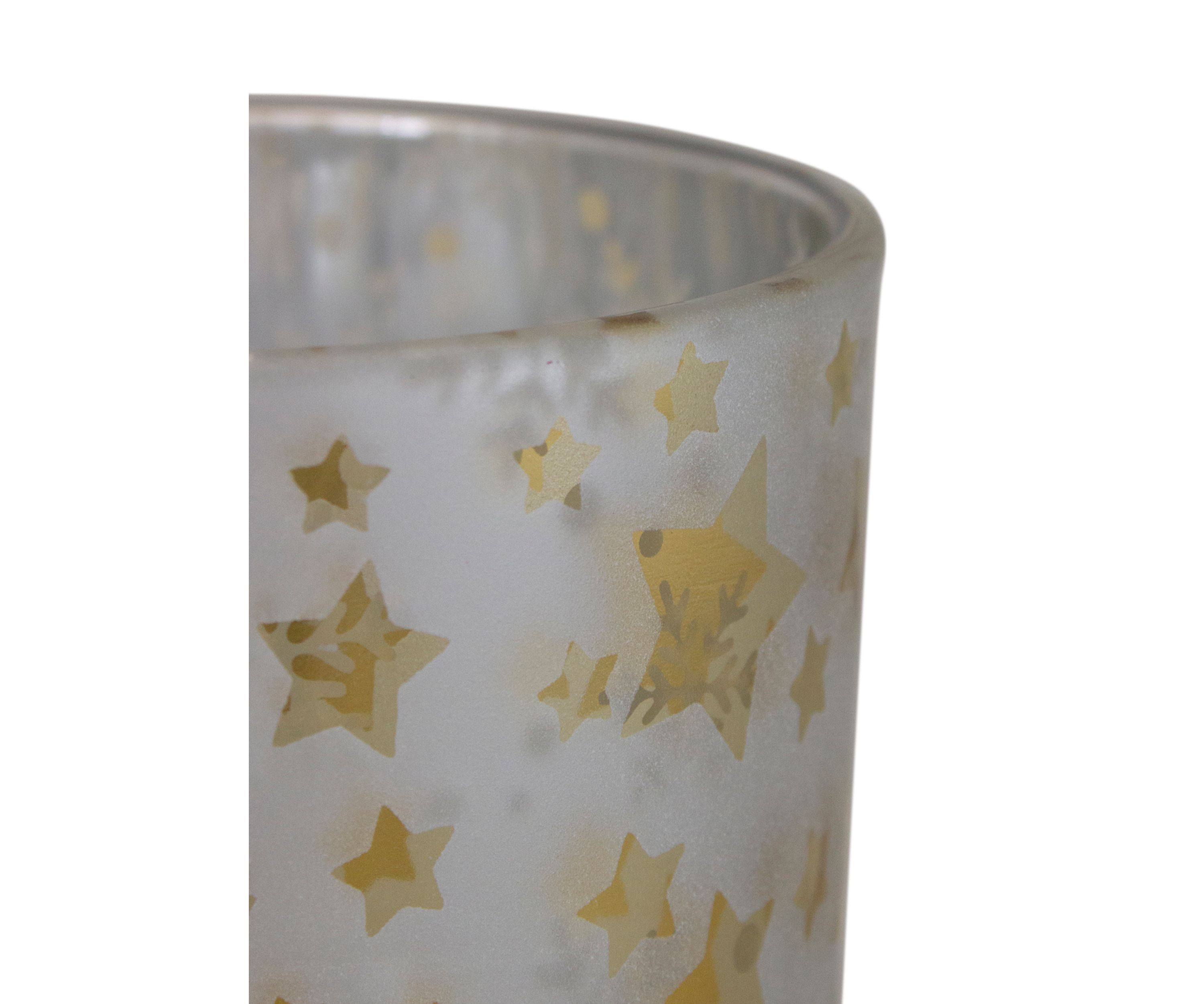 5Inch Matte Silver and Gold Stars and Snowflakes Flameless Glass Candle Holder