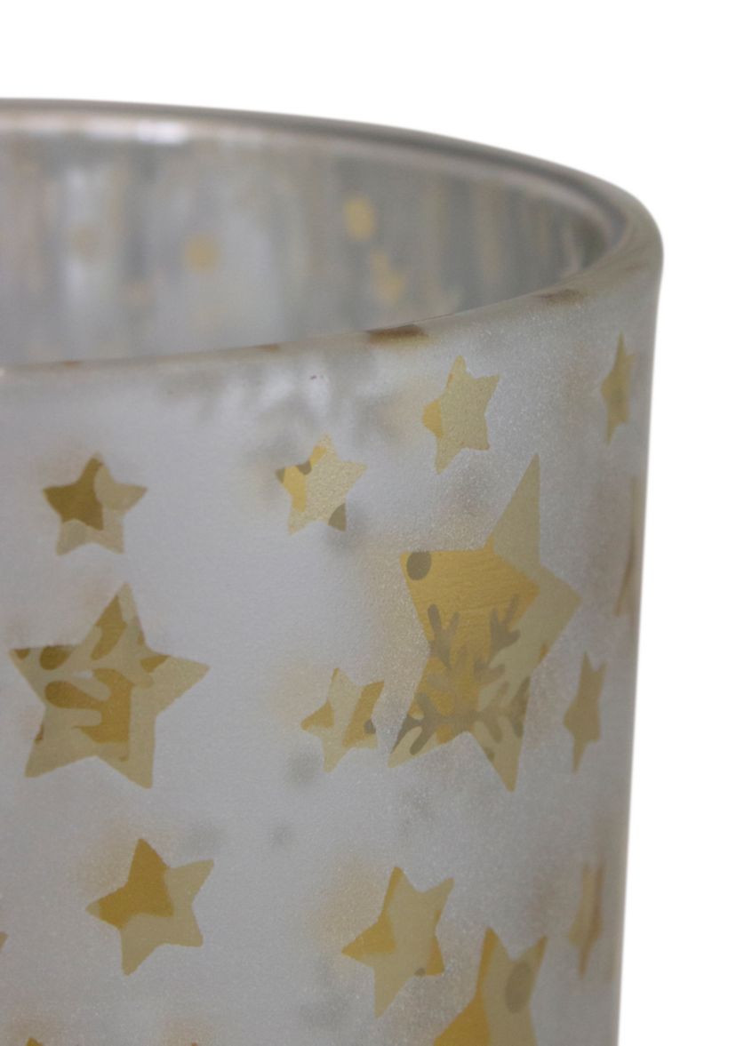 5Inch Matte Silver and Gold Stars and Snowflakes Flameless Glass Candle Holder