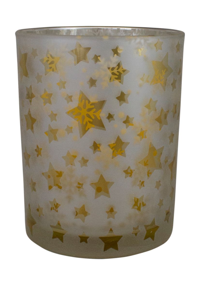 5Inch Matte Silver and Gold Stars and Snowflakes Flameless Glass Candle Holder