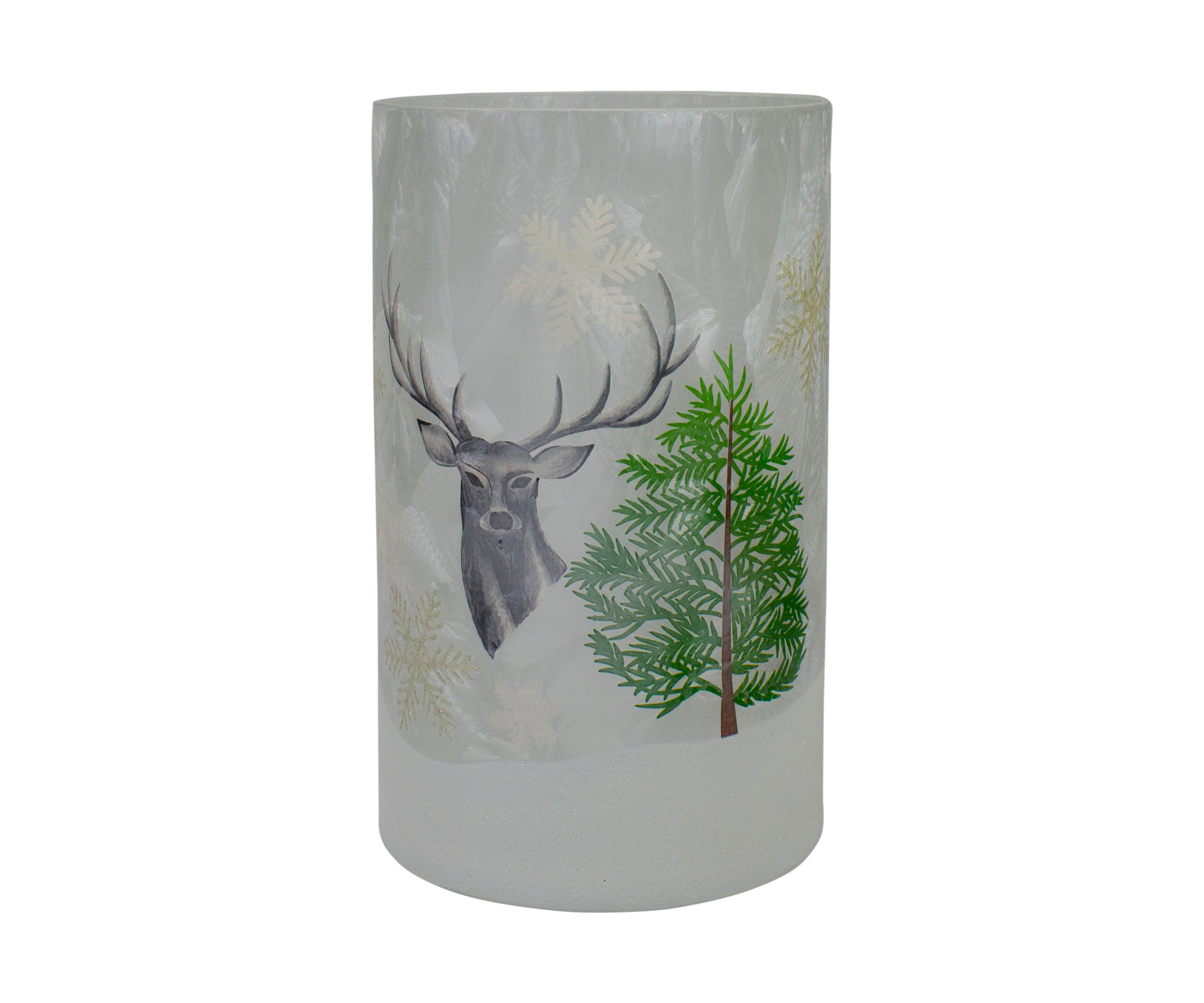 10Inch Deer  Pine and Snowflakes Hand Painted Flameless Glass Christmas Candle Holder