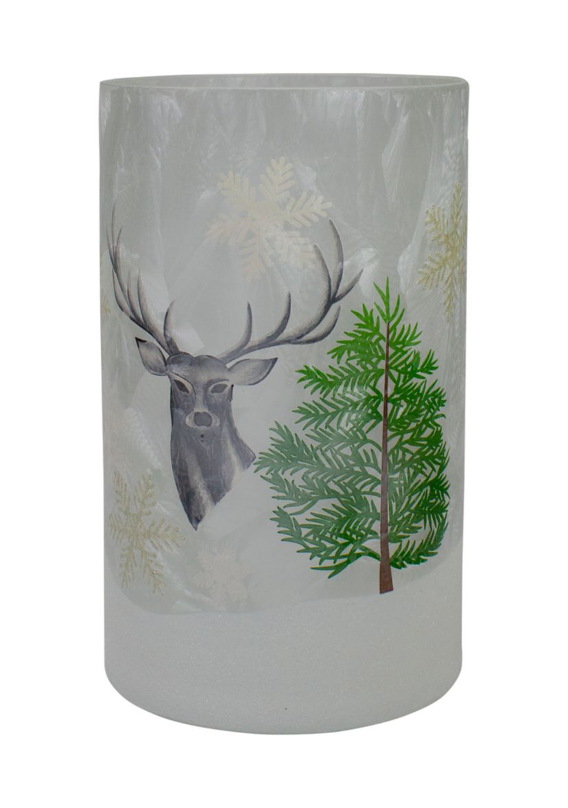 10Inch Deer  Pine and Snowflakes Hand Painted Flameless Glass Christmas Candle Holder