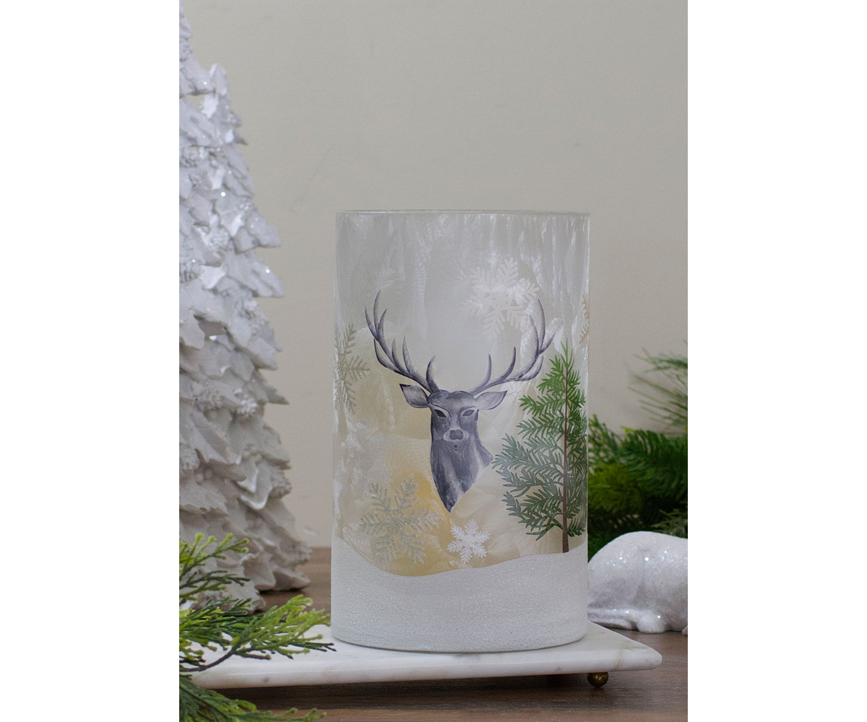 10Inch Deer  Pine and Snowflakes Hand Painted Flameless Glass Christmas Candle Holder