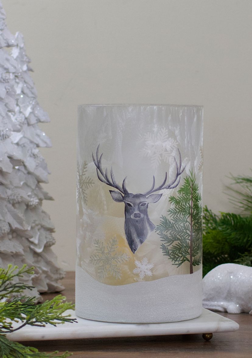 10Inch Deer  Pine and Snowflakes Hand Painted Flameless Glass Christmas Candle Holder