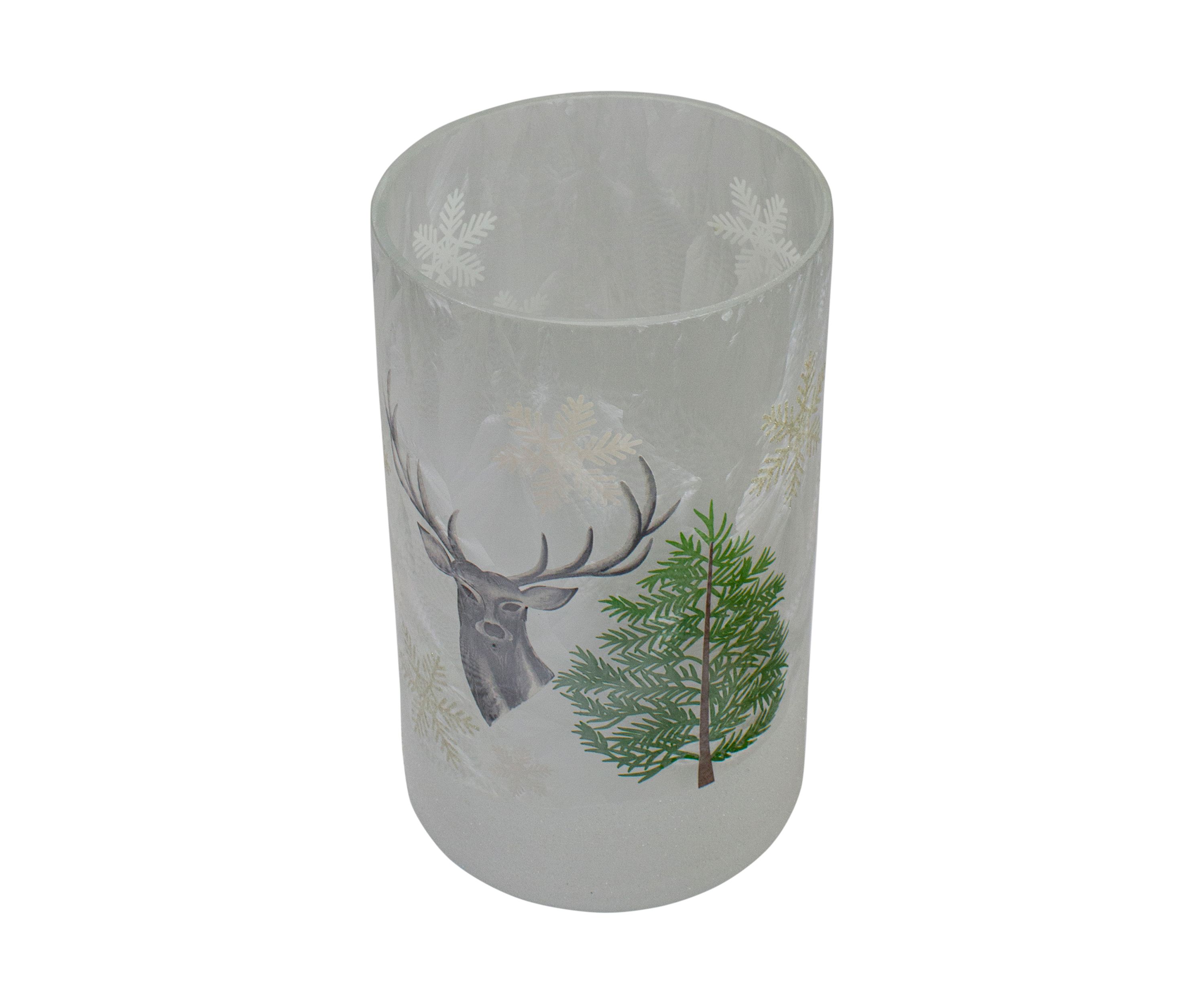 10Inch Deer  Pine and Snowflakes Hand Painted Flameless Glass Christmas Candle Holder