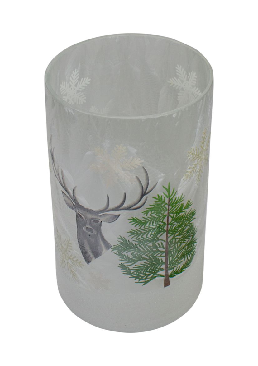 10Inch Deer  Pine and Snowflakes Hand Painted Flameless Glass Christmas Candle Holder