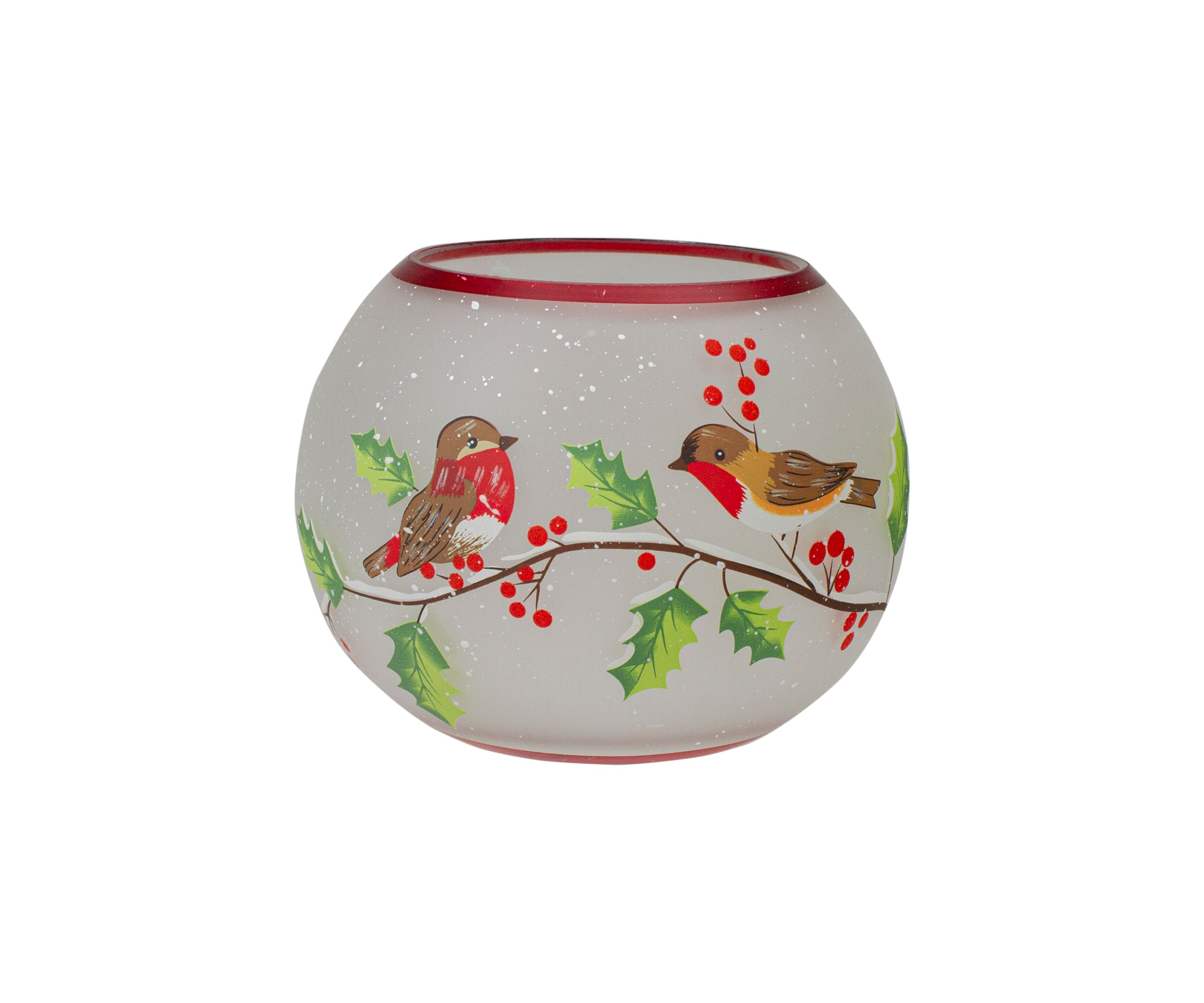 5-Inch Hand Painted Finches and Pine Flameless Glass Candle Holder