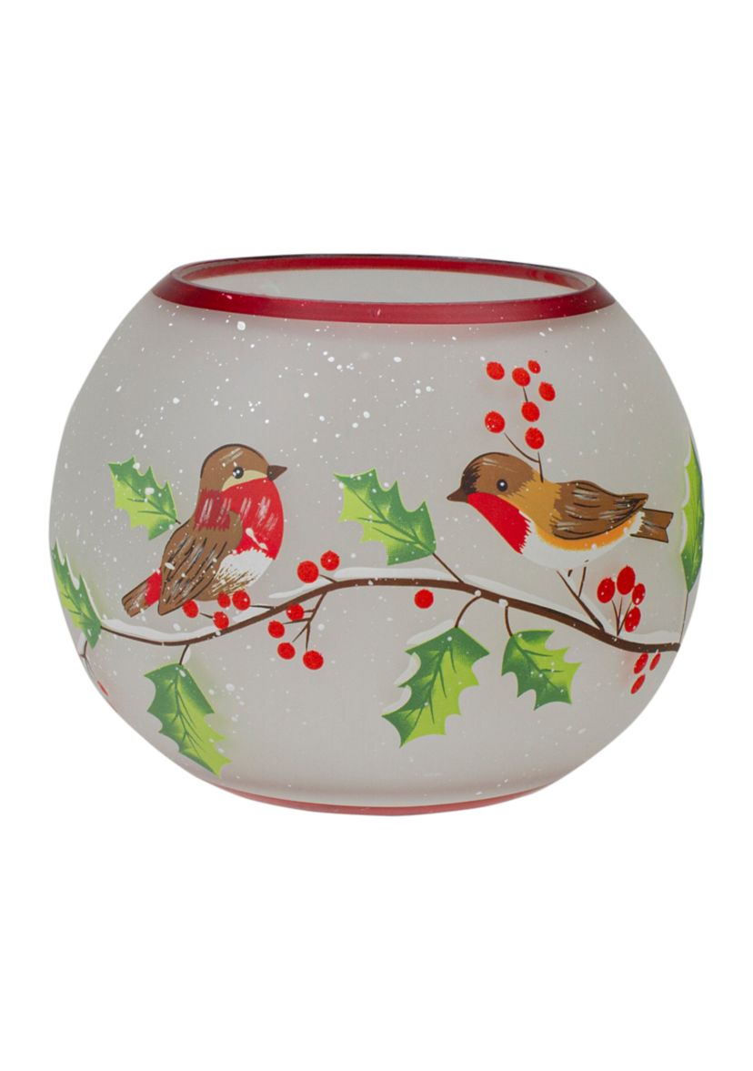 5-Inch Hand Painted Finches and Pine Flameless Glass Candle Holder
