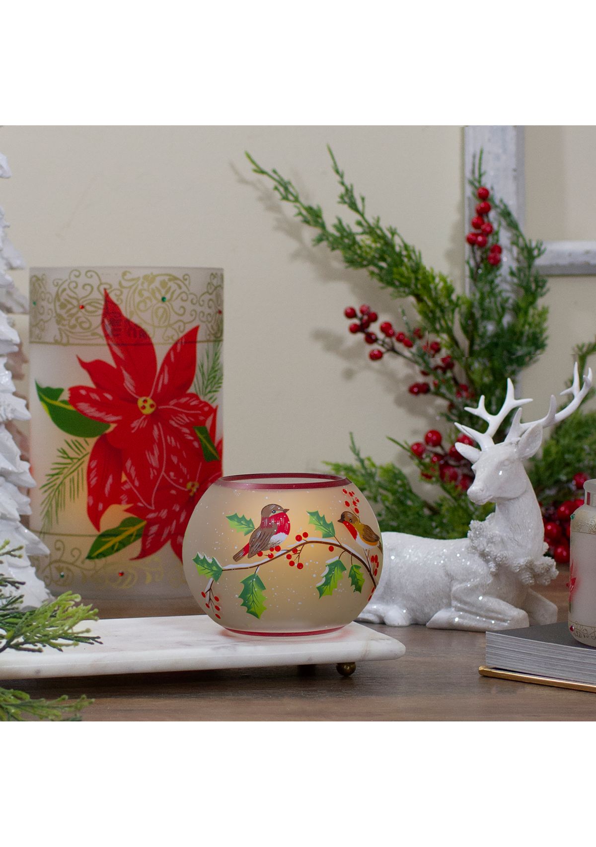 5-Inch Hand Painted Finches and Pine Flameless Glass Candle Holder