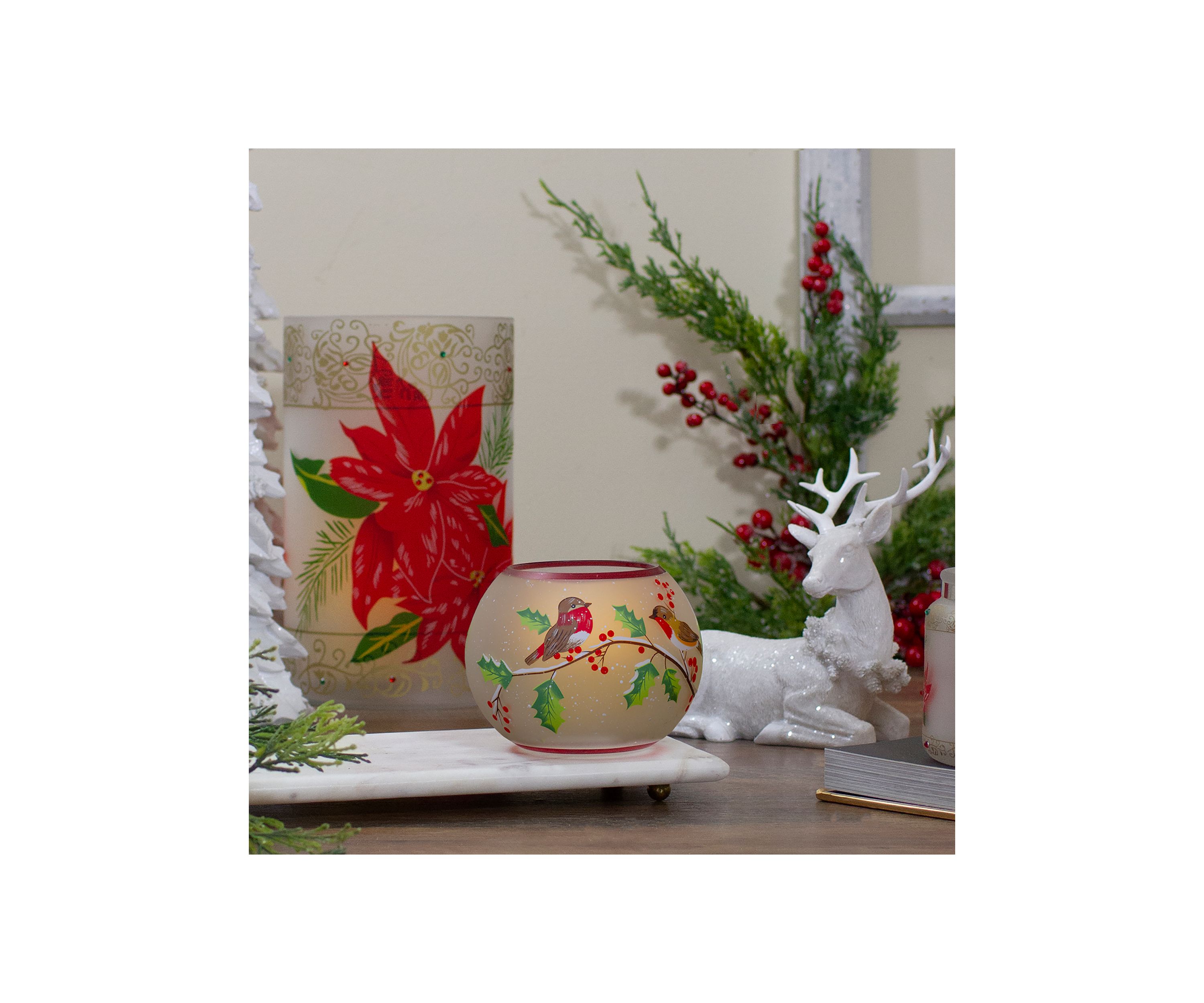 5-Inch Hand Painted Finches and Pine Flameless Glass Candle Holder