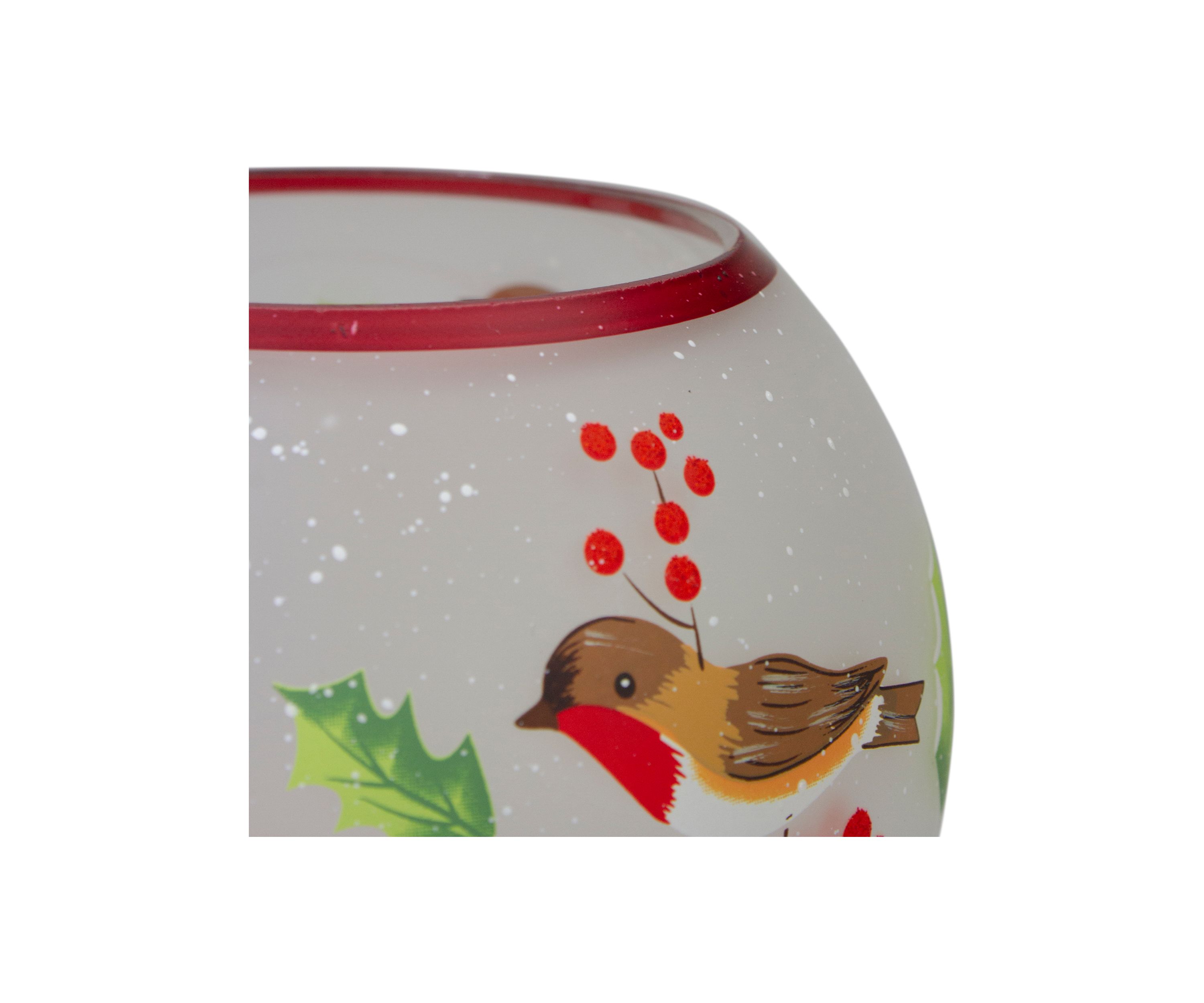 5-Inch Hand Painted Finches and Pine Flameless Glass Candle Holder