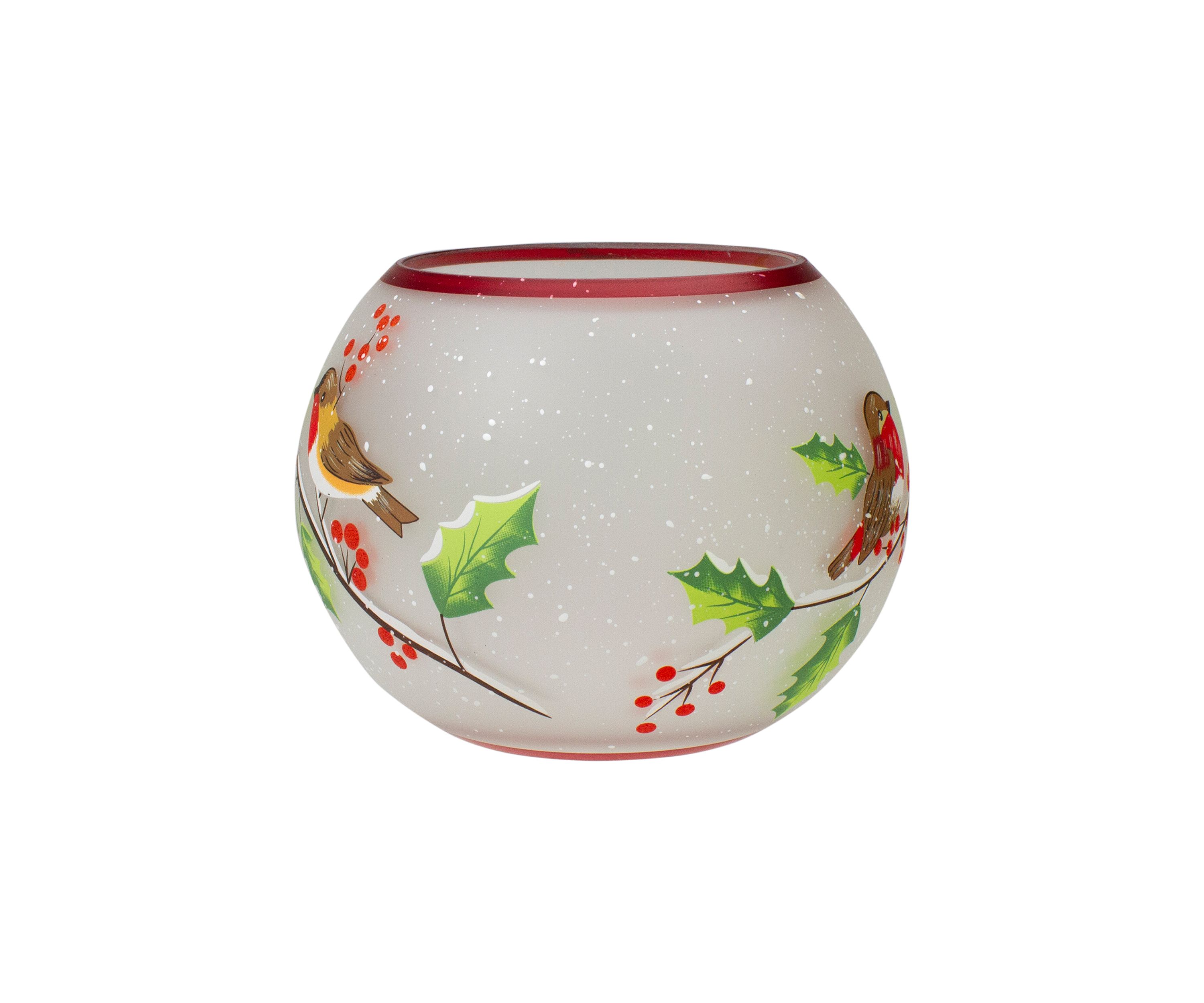 5-Inch Hand Painted Finches and Pine Flameless Glass Candle Holder