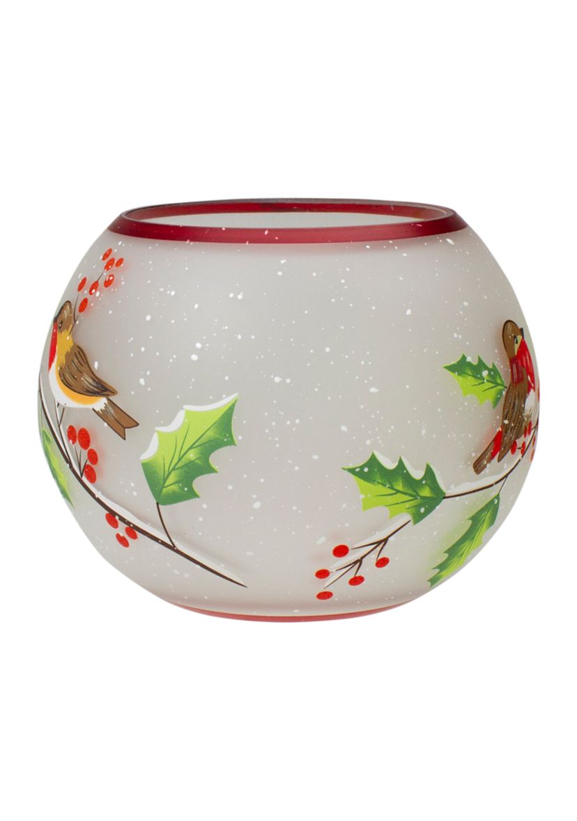 5-Inch Hand Painted Finches and Pine Flameless Glass Candle Holder