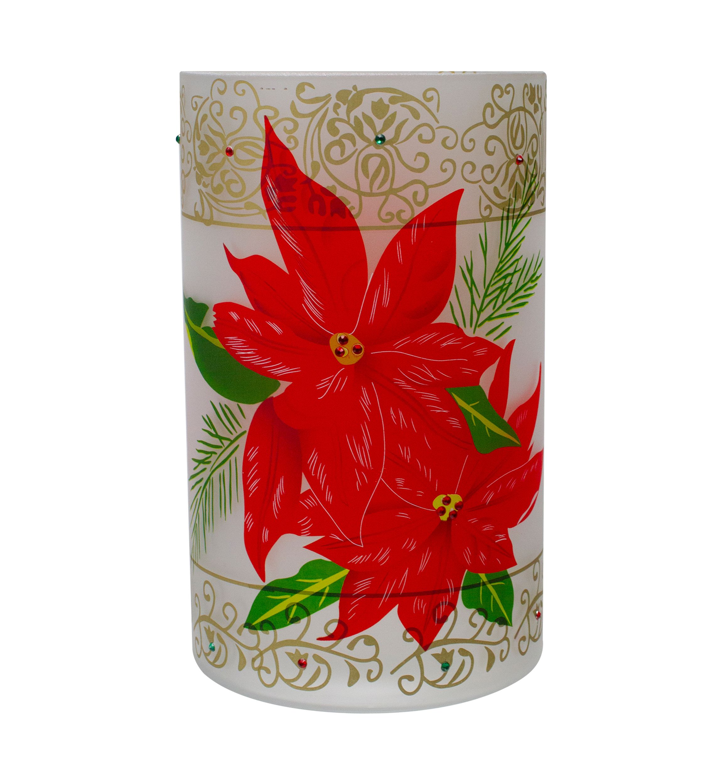 10Inch Hand-Painted Red Poinsettias and Gold Flameless Glass Christmas Candle Holder