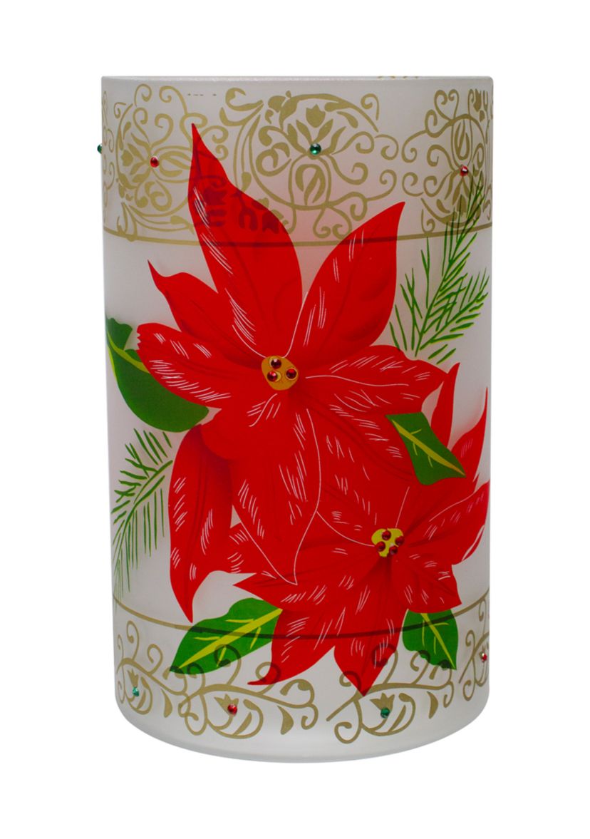 10Inch Hand-Painted Red Poinsettias and Gold Flameless Glass Christmas Candle Holder