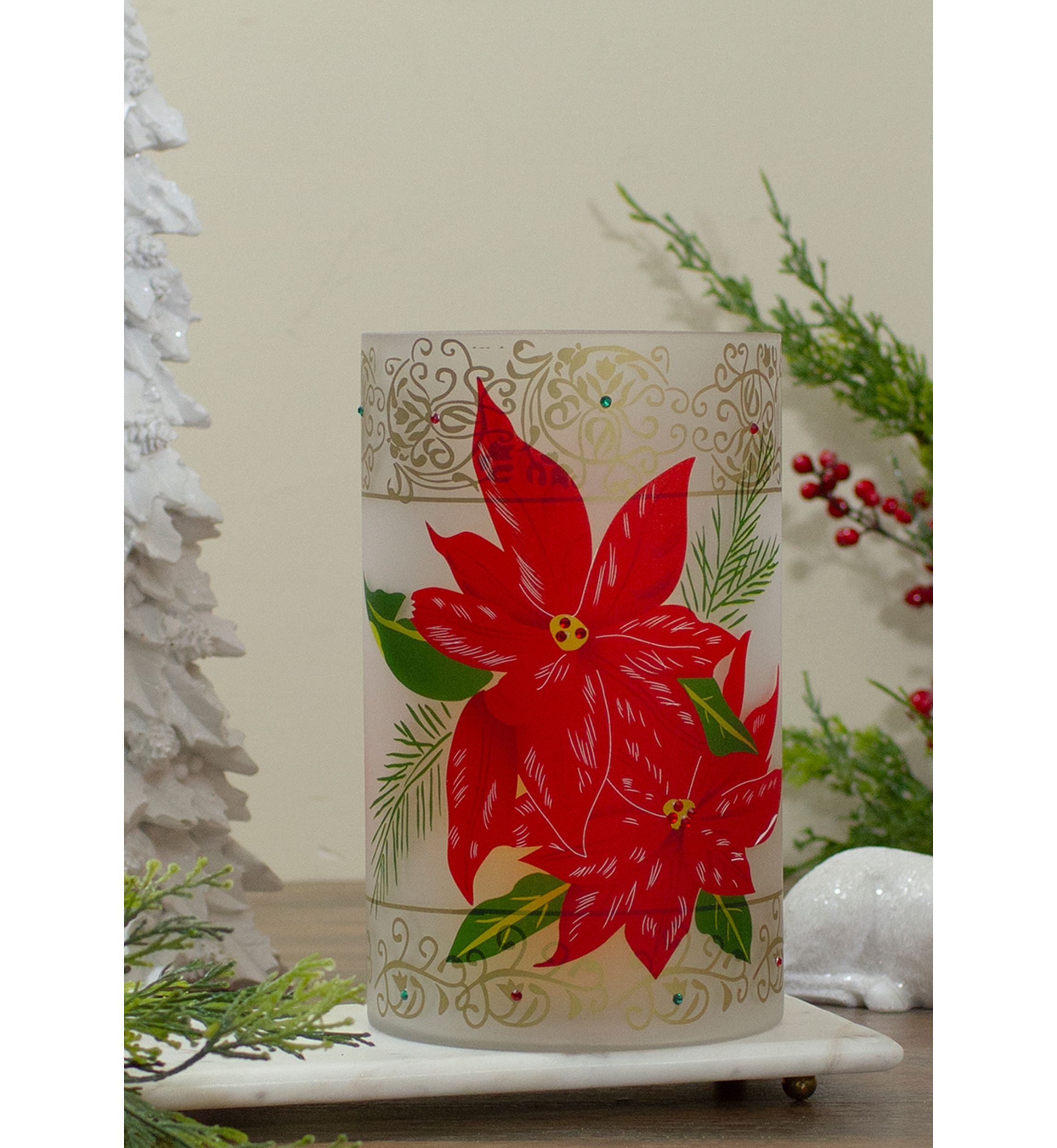 10Inch Hand-Painted Red Poinsettias and Gold Flameless Glass Christmas Candle Holder