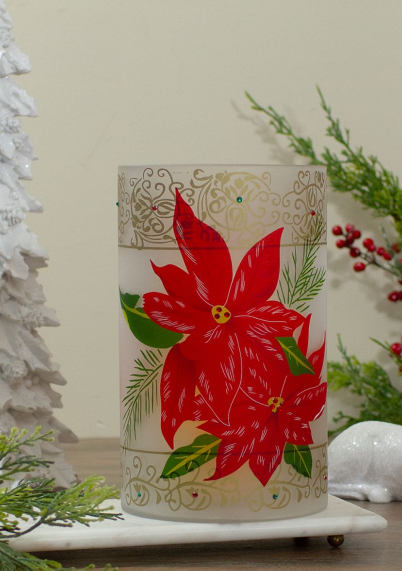 10Inch Hand-Painted Red Poinsettias and Gold Flameless Glass Christmas Candle Holder