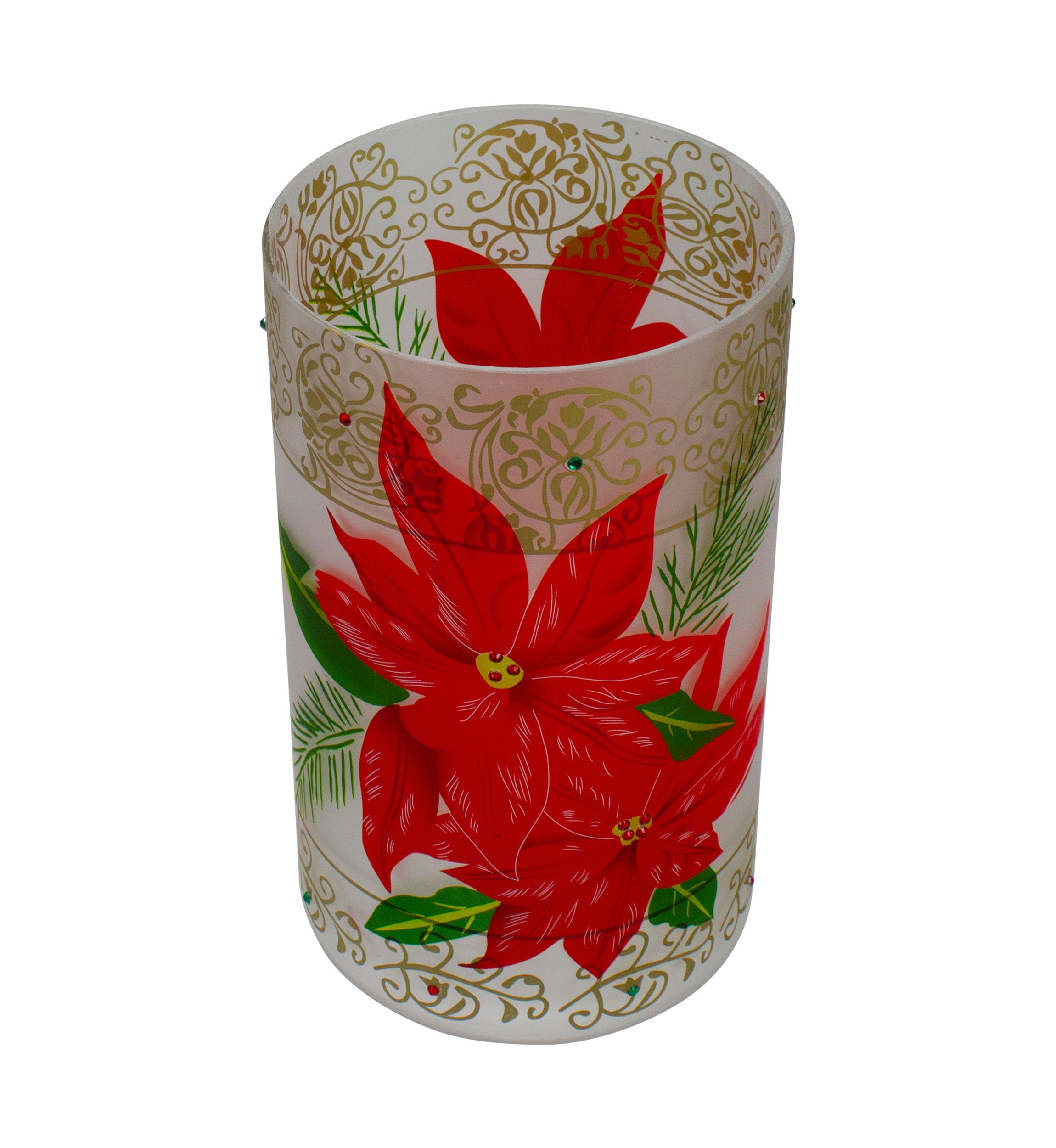 10Inch Hand-Painted Red Poinsettias and Gold Flameless Glass Christmas Candle Holder
