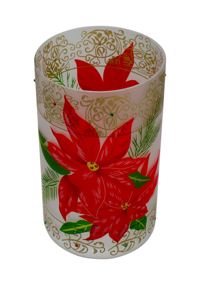 10Inch Hand-Painted Red Poinsettias and Gold Flameless Glass Christmas Candle Holder