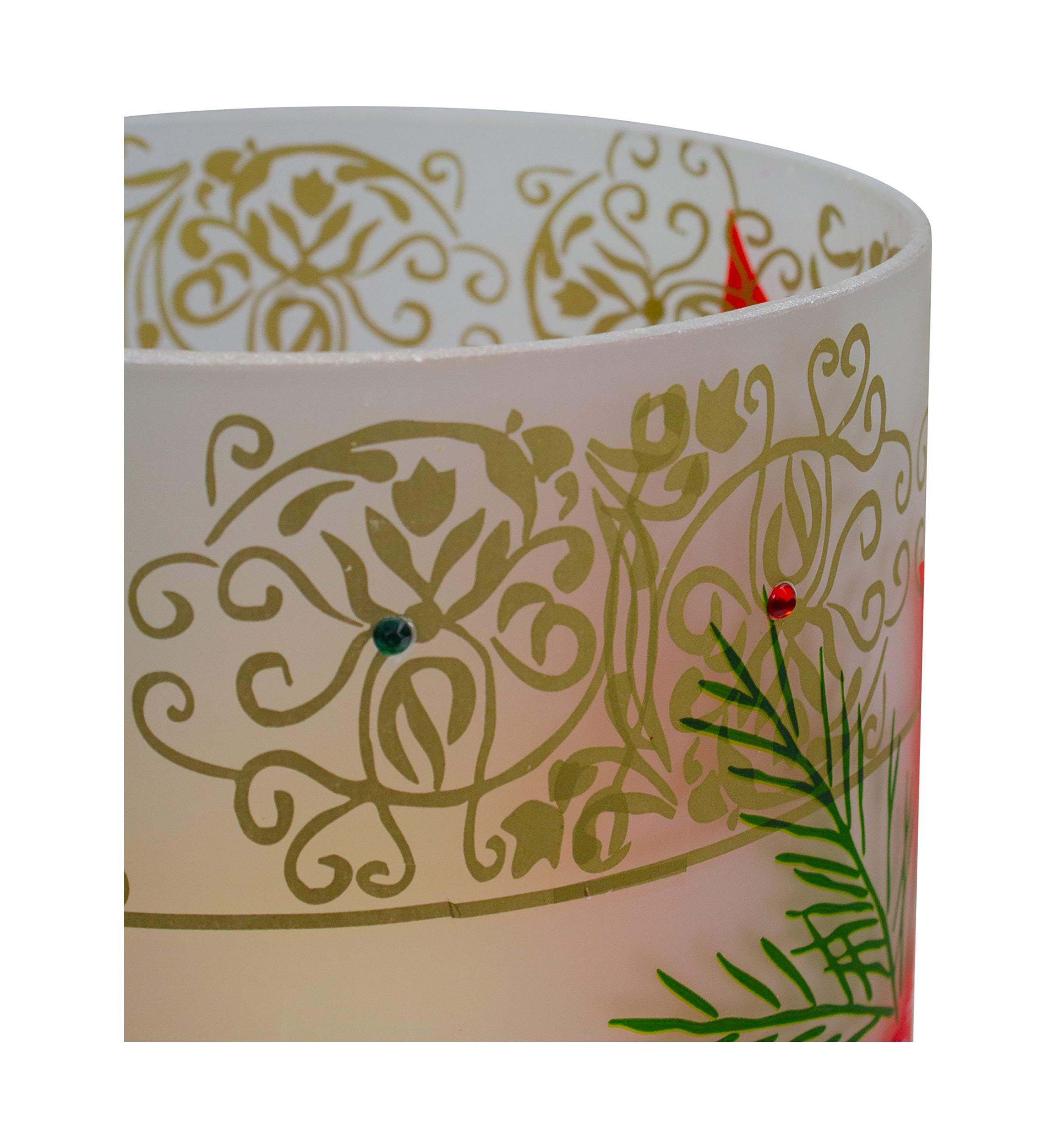 10Inch Hand-Painted Red Poinsettias and Gold Flameless Glass Christmas Candle Holder