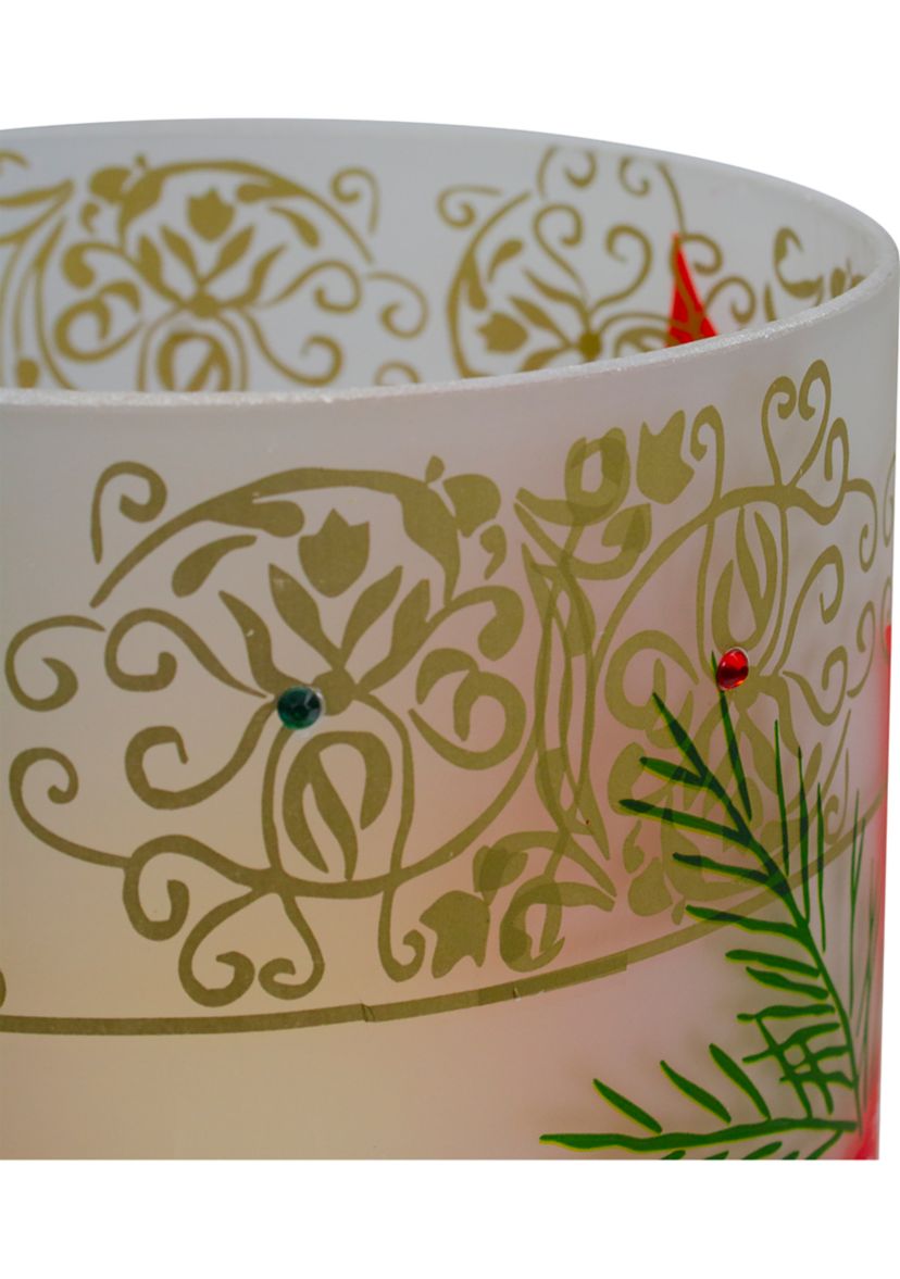 10Inch Hand-Painted Red Poinsettias and Gold Flameless Glass Christmas Candle Holder