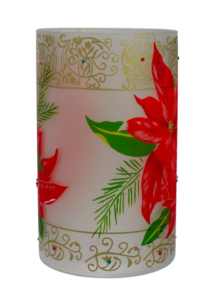 10Inch Hand-Painted Red Poinsettias and Gold Flameless Glass Christmas Candle Holder