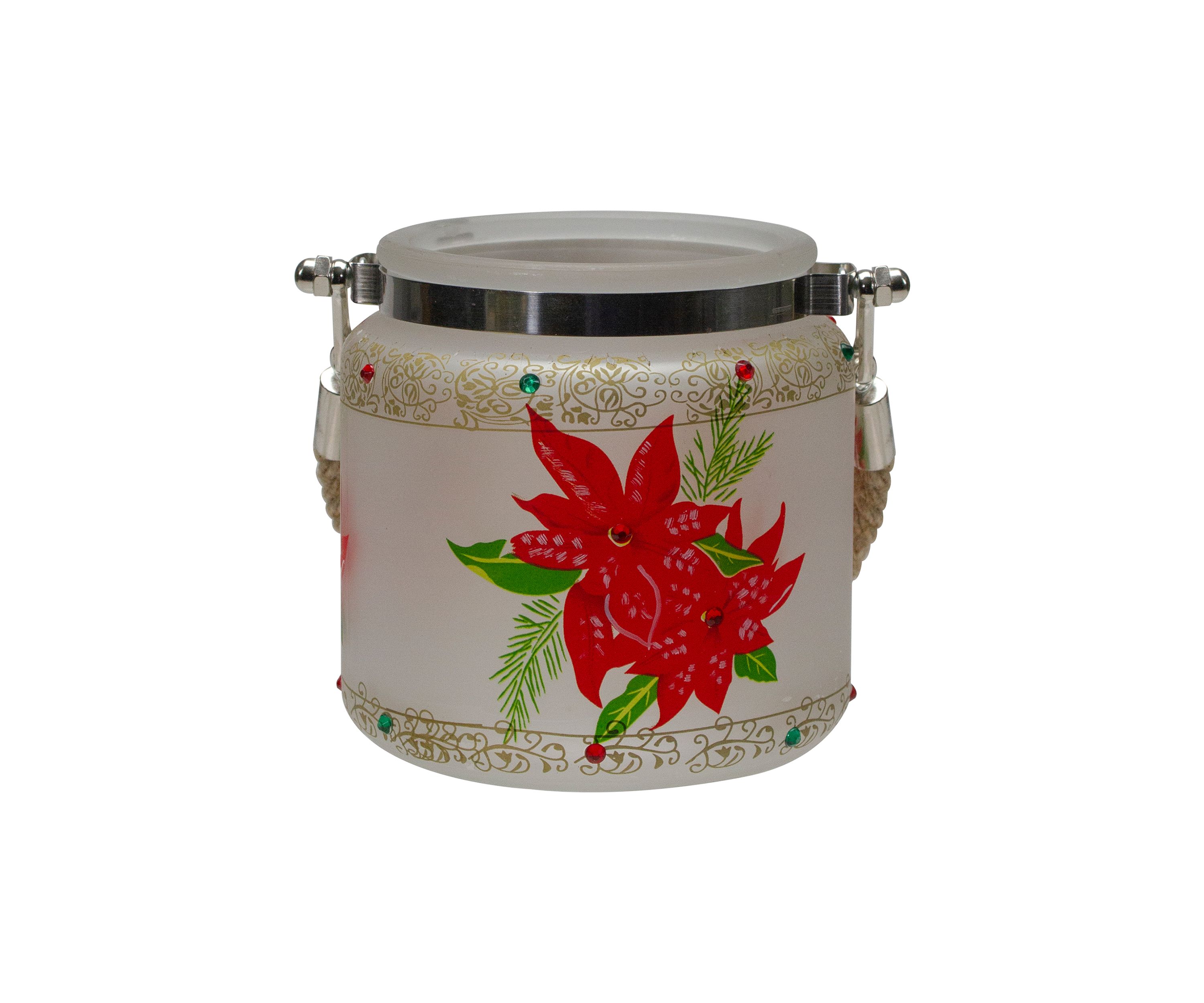 4Inch Hand-Painted Red Poinsettias and Gold Flameless Glass Christmas Candle Holder