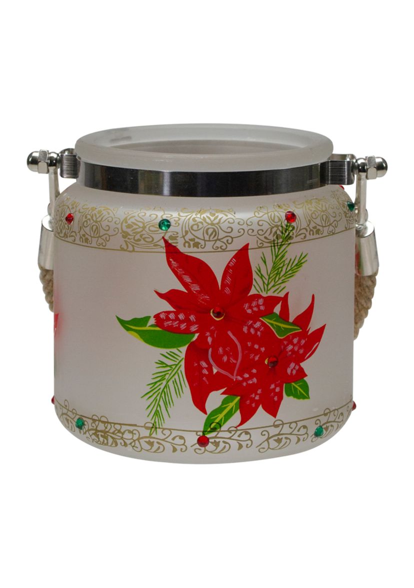4Inch Hand-Painted Red Poinsettias and Gold Flameless Glass Christmas Candle Holder