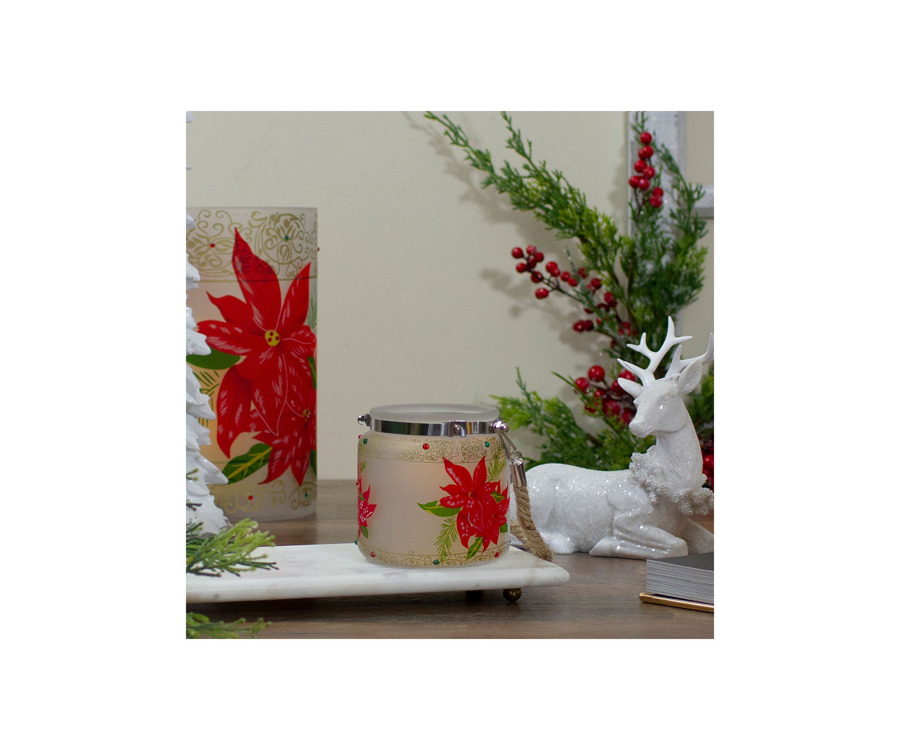 4Inch Hand-Painted Red Poinsettias and Gold Flameless Glass Christmas Candle Holder