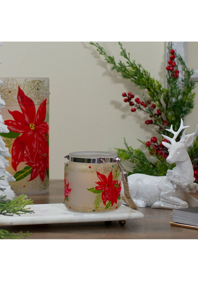4Inch Hand-Painted Red Poinsettias and Gold Flameless Glass Christmas Candle Holder