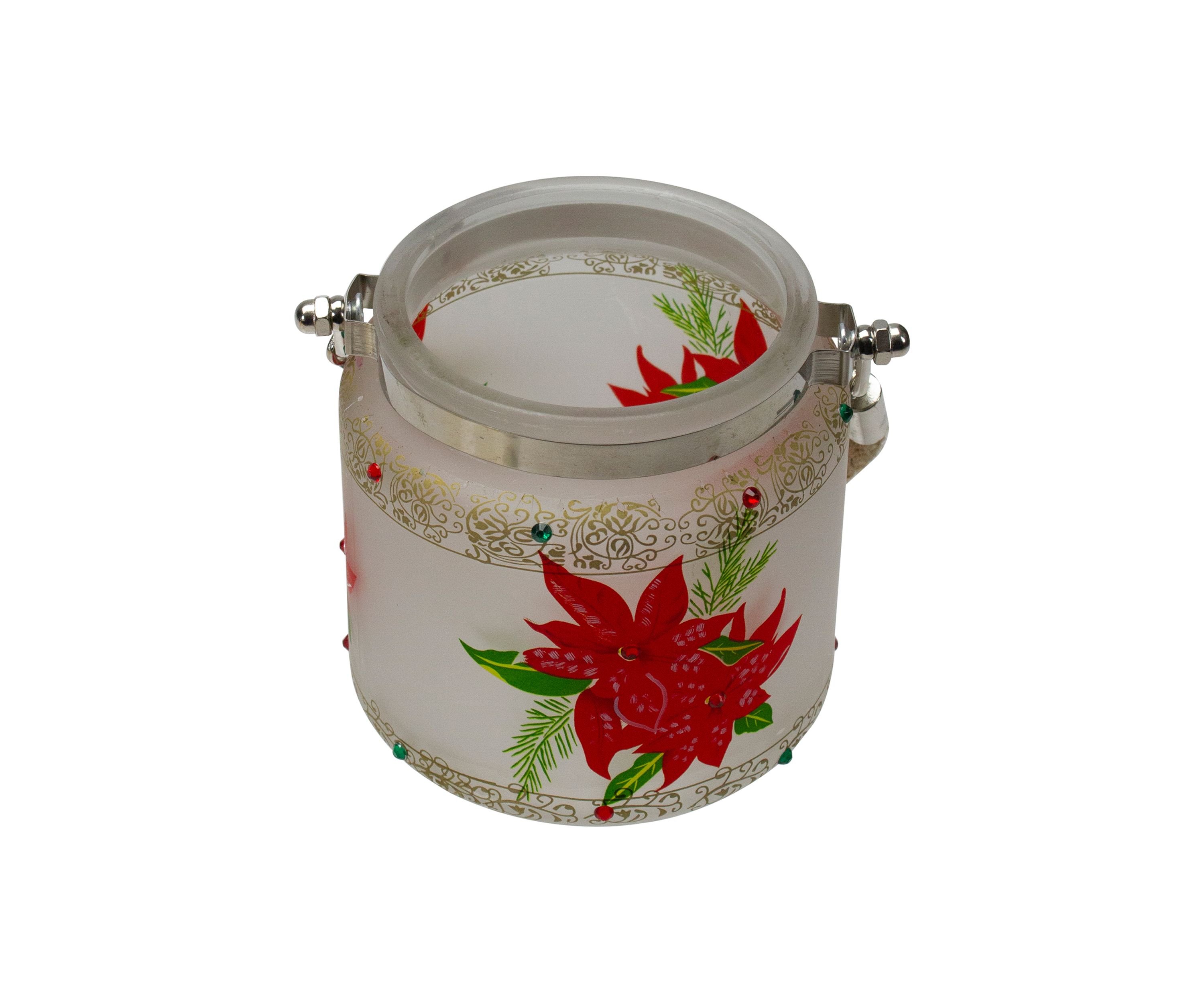 4Inch Hand-Painted Red Poinsettias and Gold Flameless Glass Christmas Candle Holder
