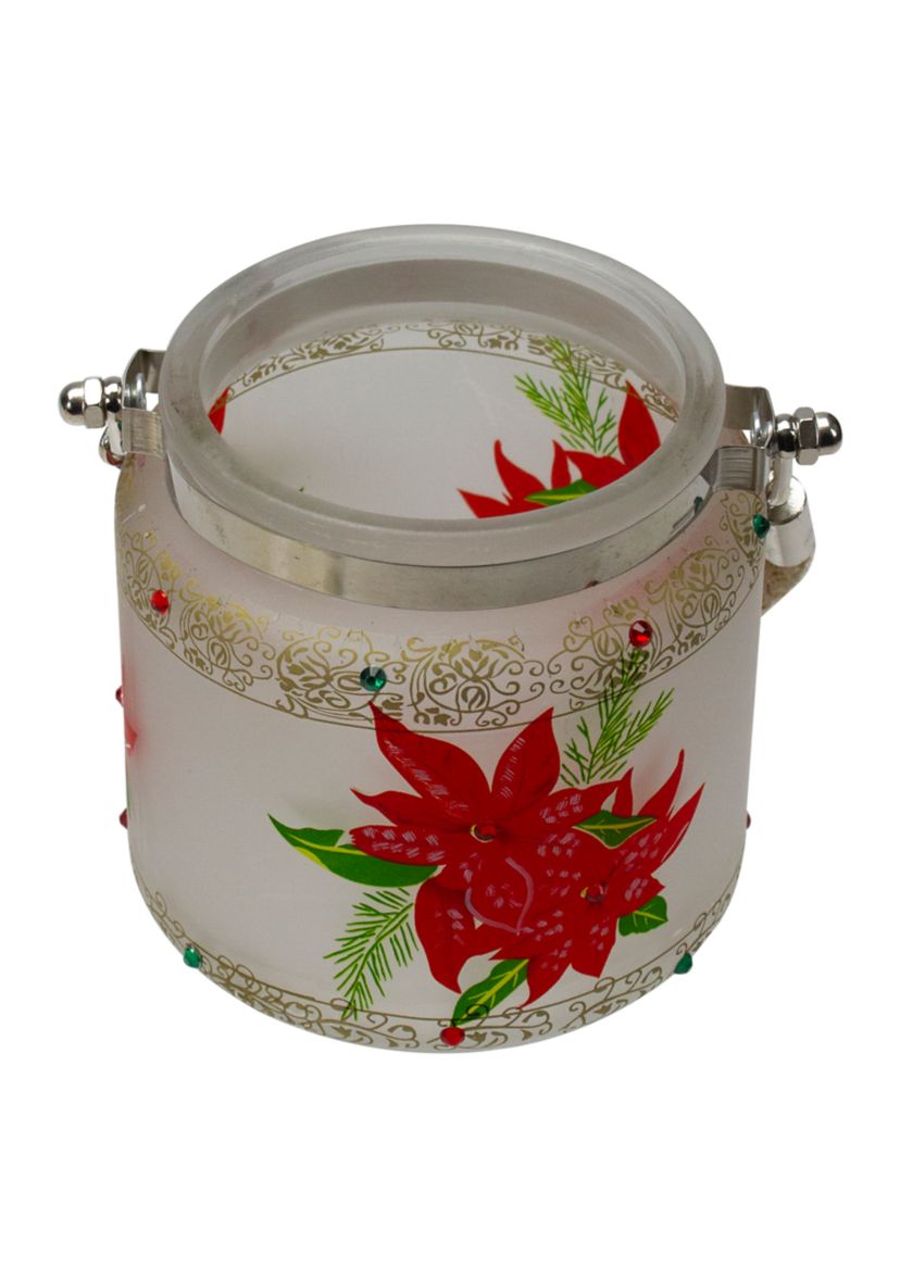 4Inch Hand-Painted Red Poinsettias and Gold Flameless Glass Christmas Candle Holder