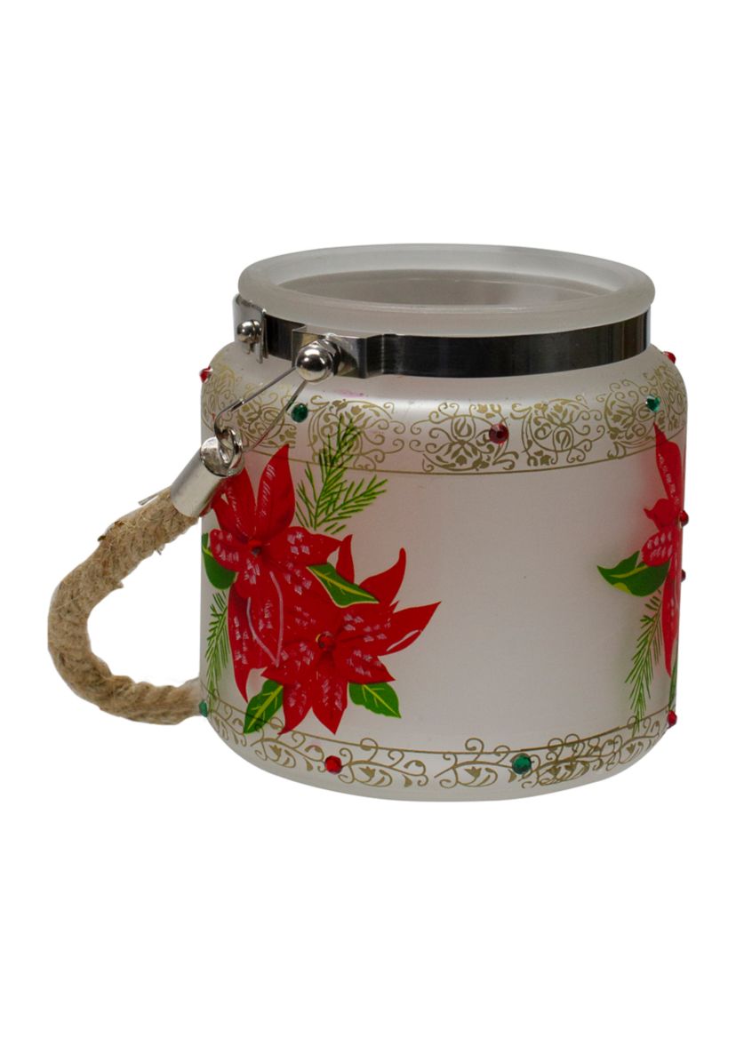 4Inch Hand-Painted Red Poinsettias and Gold Flameless Glass Christmas Candle Holder