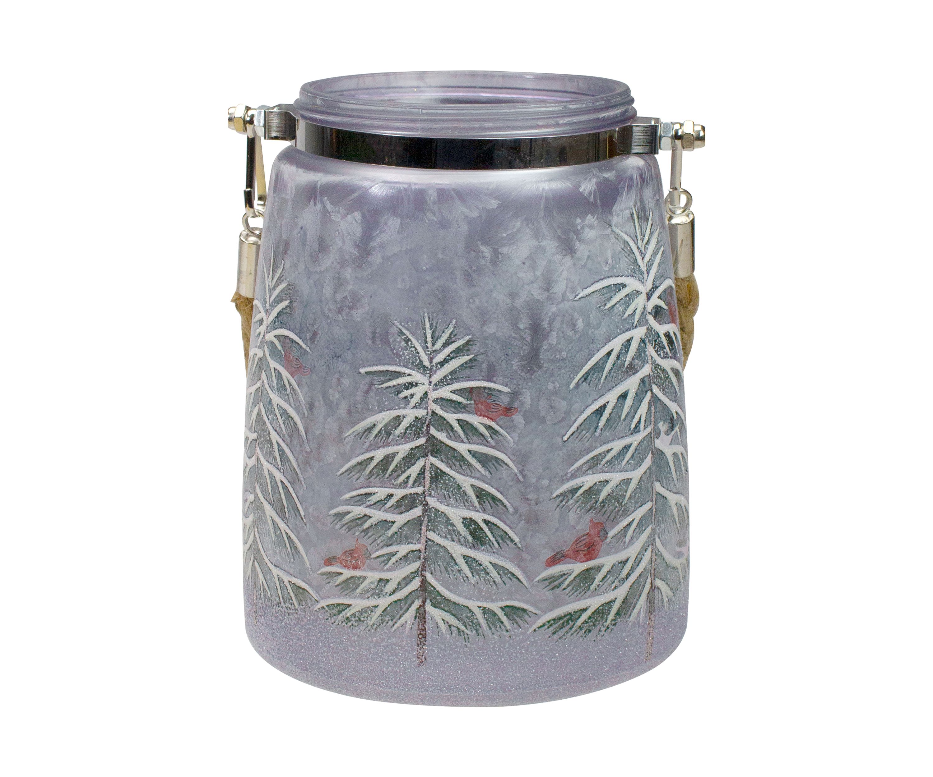 6.25Inch Hand-Painted Pine and Birds Flameless Glass Christmas Candle Lantern