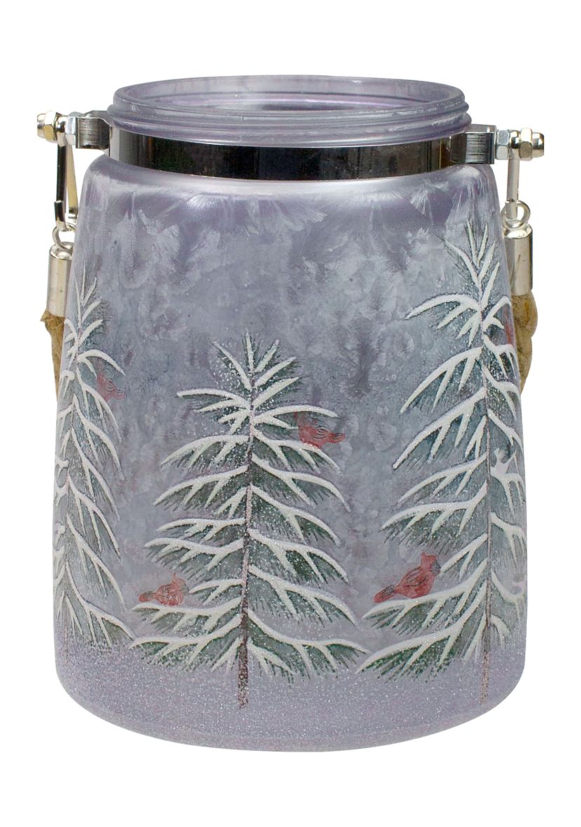 6.25Inch Hand-Painted Pine and Birds Flameless Glass Christmas Candle Lantern