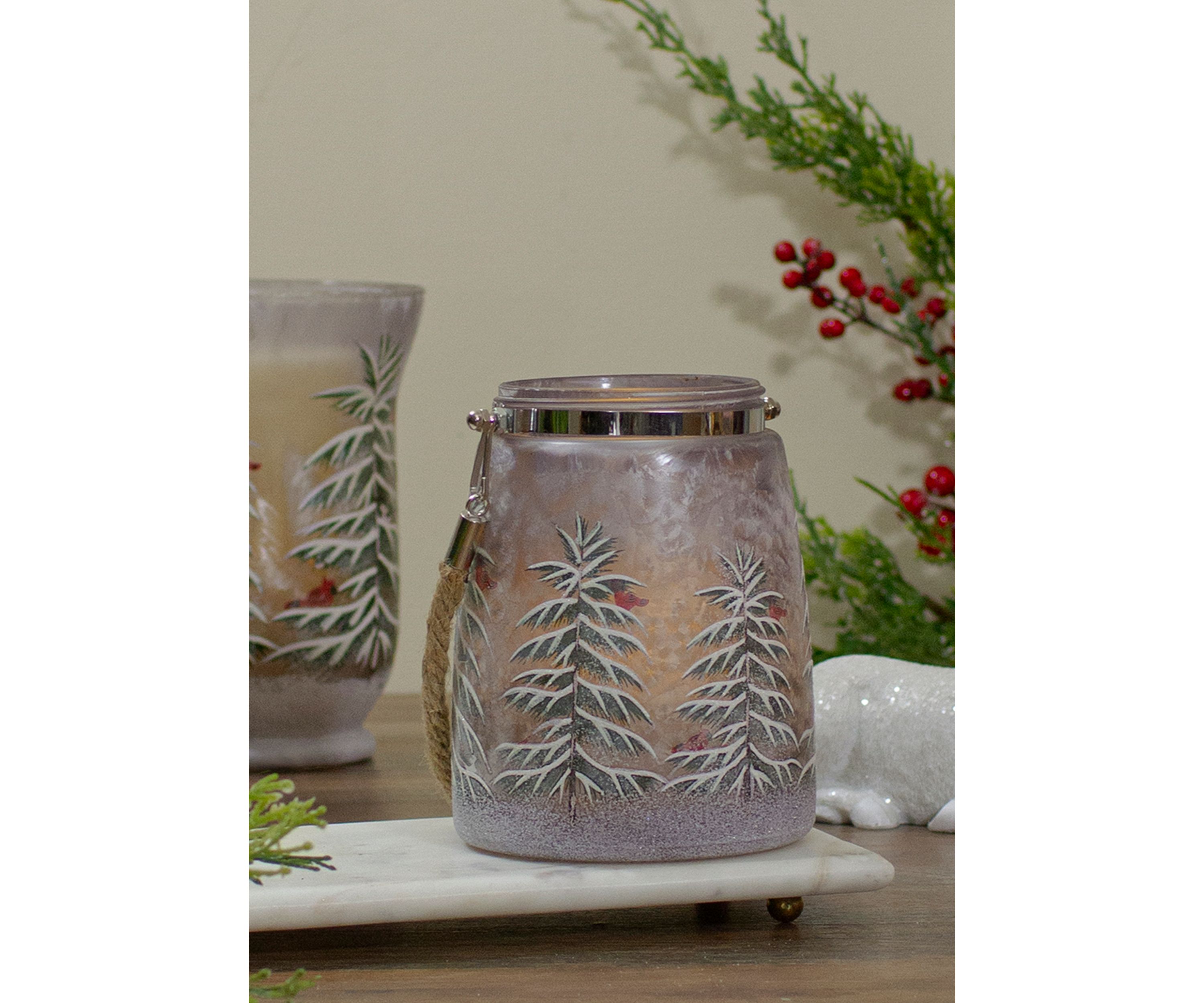 6.25Inch Hand-Painted Pine and Birds Flameless Glass Christmas Candle Lantern
