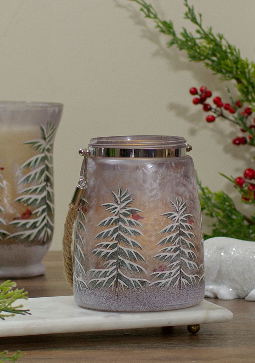 6.25Inch Hand-Painted Pine and Birds Flameless Glass Christmas Candle Lantern