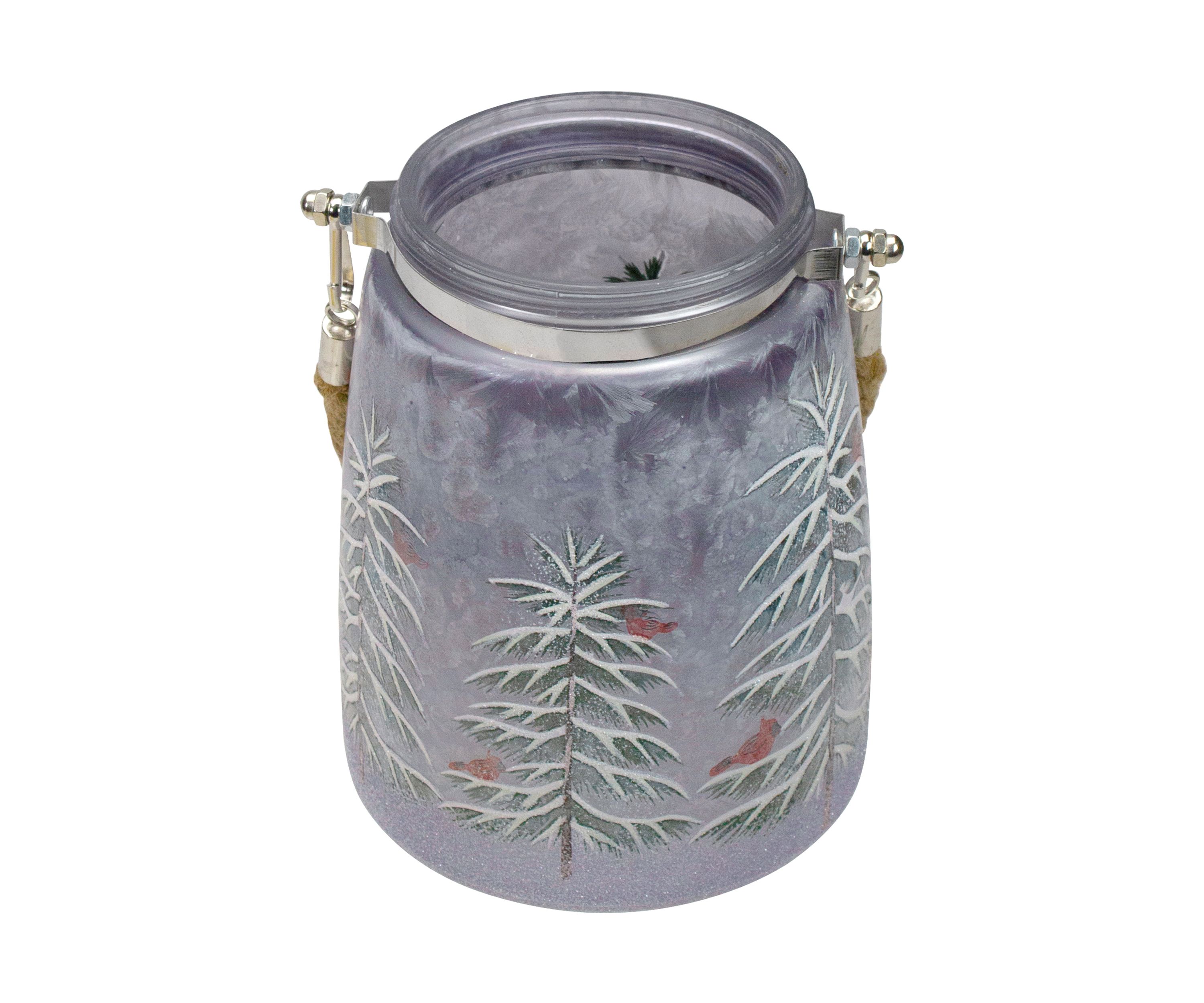 6.25Inch Hand-Painted Pine and Birds Flameless Glass Christmas Candle Lantern