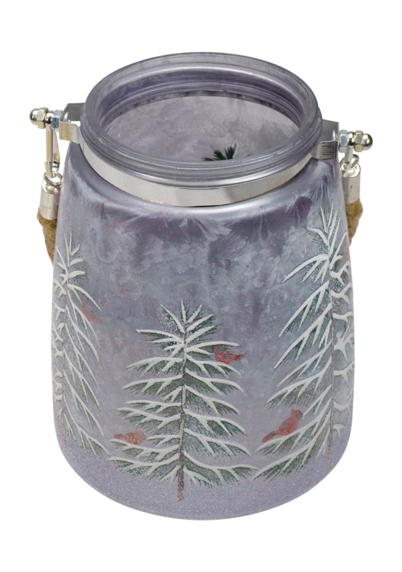 6.25Inch Hand-Painted Pine and Birds Flameless Glass Christmas Candle Lantern