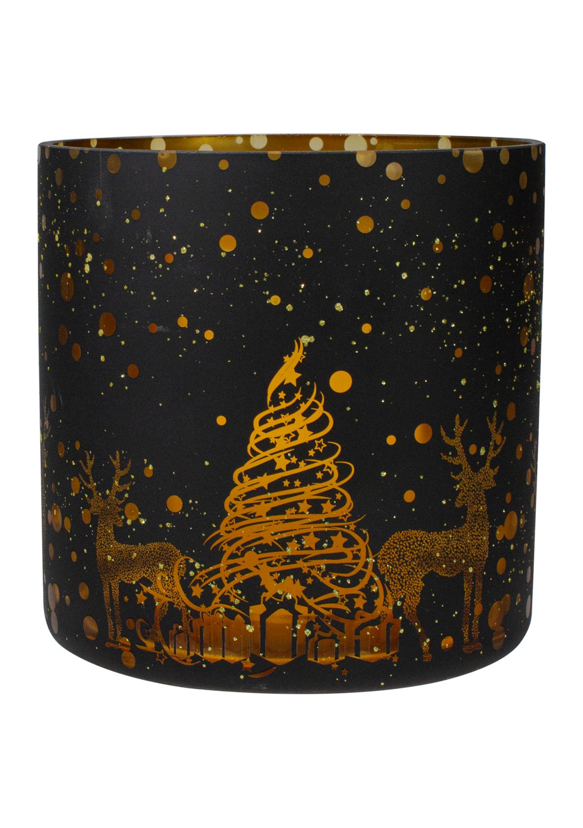 6Inch Black and Gold Deer and Pine Trees Flameless Glass Candle Holder