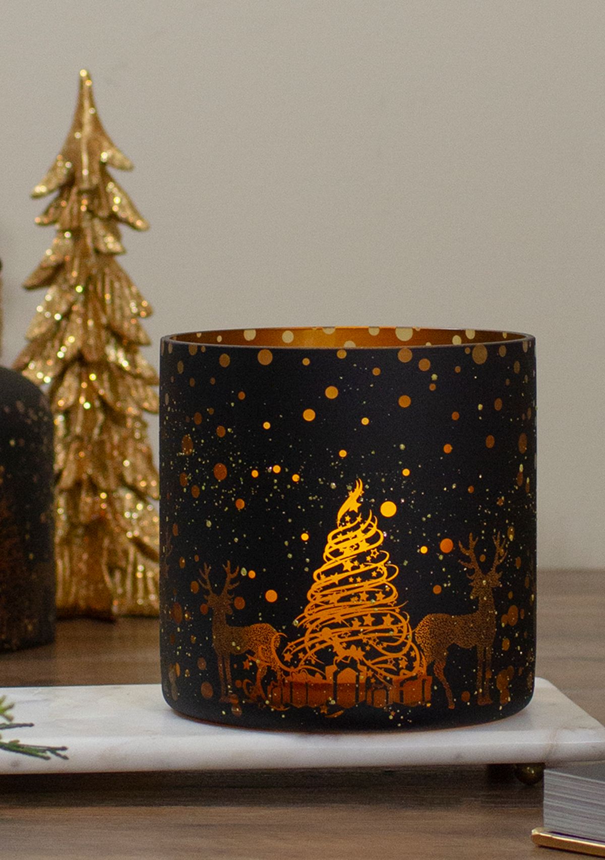 6Inch Black and Gold Deer and Pine Trees Flameless Glass Candle Holder
