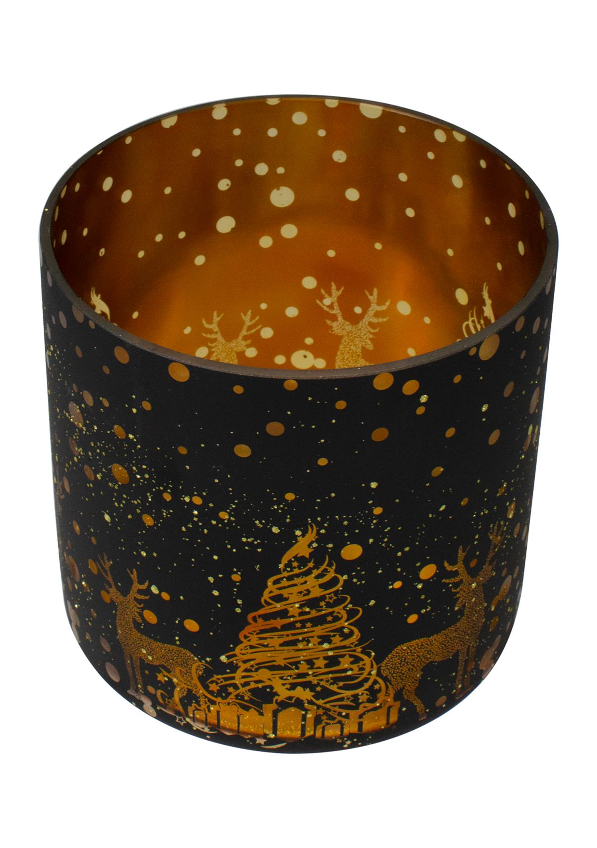 6Inch Black and Gold Deer and Pine Trees Flameless Glass Candle Holder